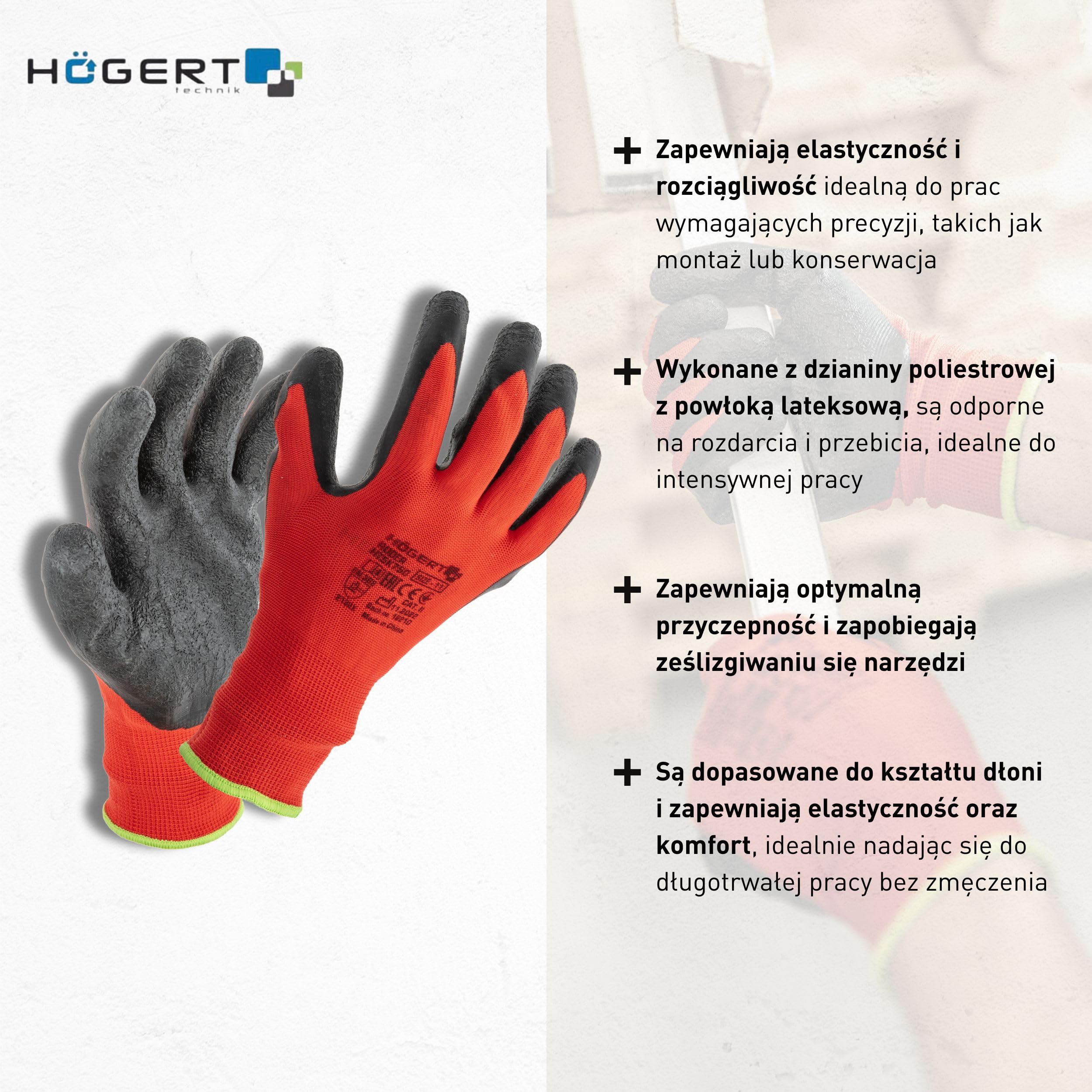 Högert Technik RODER rękawice ochronne pokryte lateksem czerwono-czarne, rozmiar 8, wysoka odporność na ścieranie, elastyczny chwyt, idealne do precyzyjnego montażu i konserwacji