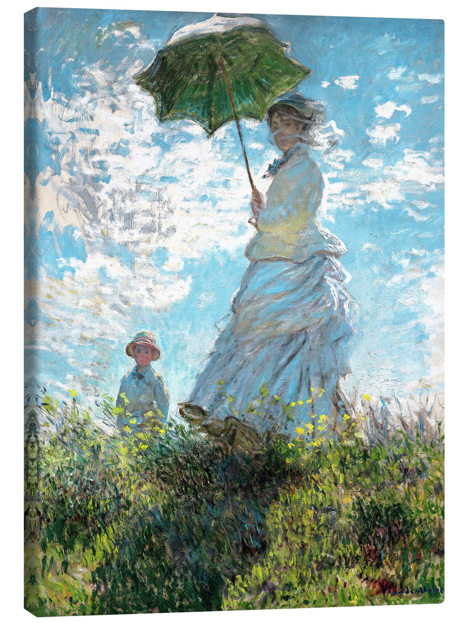 Posterlounge Woman with a parasol - Madame Monet and her son Canvas print by Claude Monet Wall Art for every room 30 x 40 cm Turquoise Impressionism Wall Decor