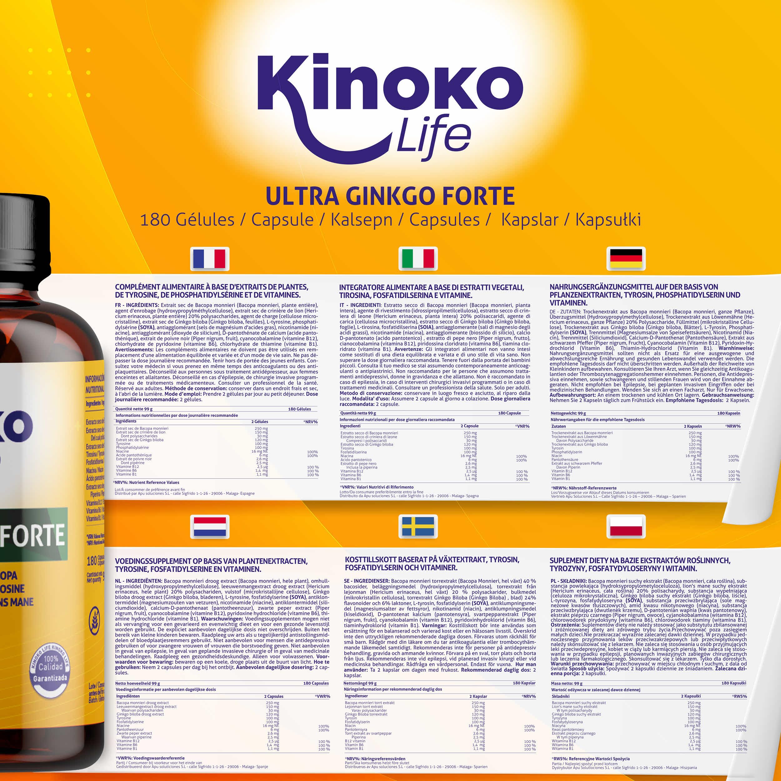 Ginkgo Biloba Forte 180 Capsule con Bacopa, Fosfatidilserina, Criniera di Leone, Tirosina, Niacina e Vitamine B Complex per Memoria e Concentrazione.