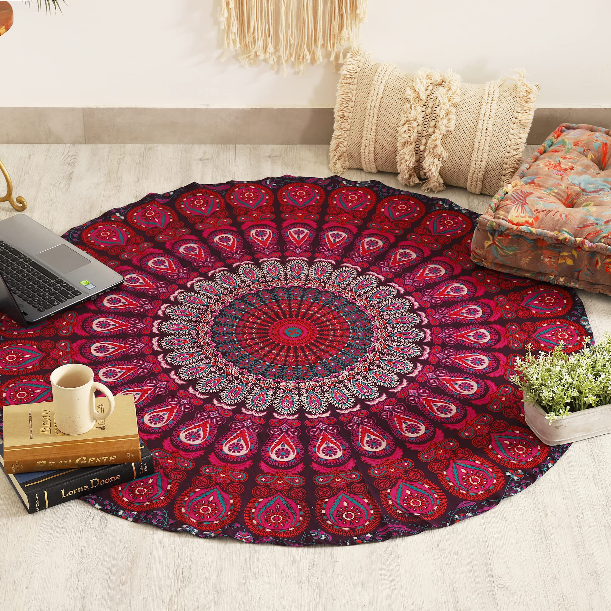 Popular Handicrafts Round Tapestry Wall Hanging Ombre Hippie Mandala Bohemian Hippy Intricate Indian Tapestries Tablecloth 50 Inches (127cm) Purple - Image 3
