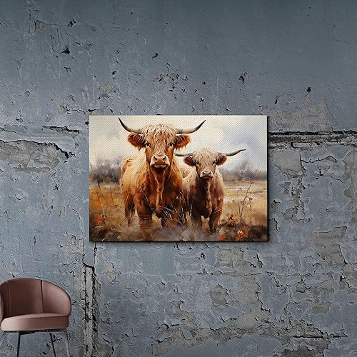 Highland Cow Wall Art, This Is Our Happy Place Inspirational Canvas Poster for Home, Long Haired Scottish Cow with White Flower Picture Farmhouse