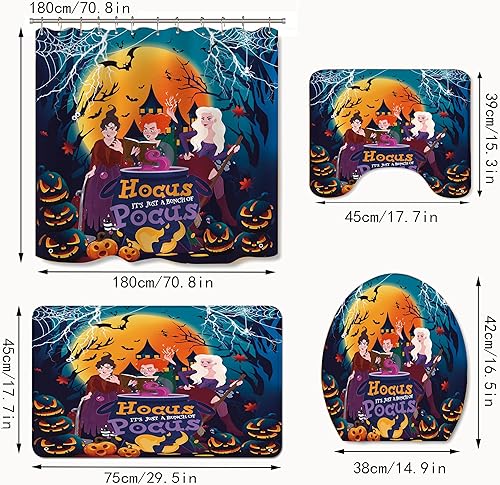 Miniatura 2 de Juego de 4 cortinas de ducha de Halloween con diseño de bruja Hocus Pocus, para decoración de baño de Halloween, con antideslizante e impermeable,