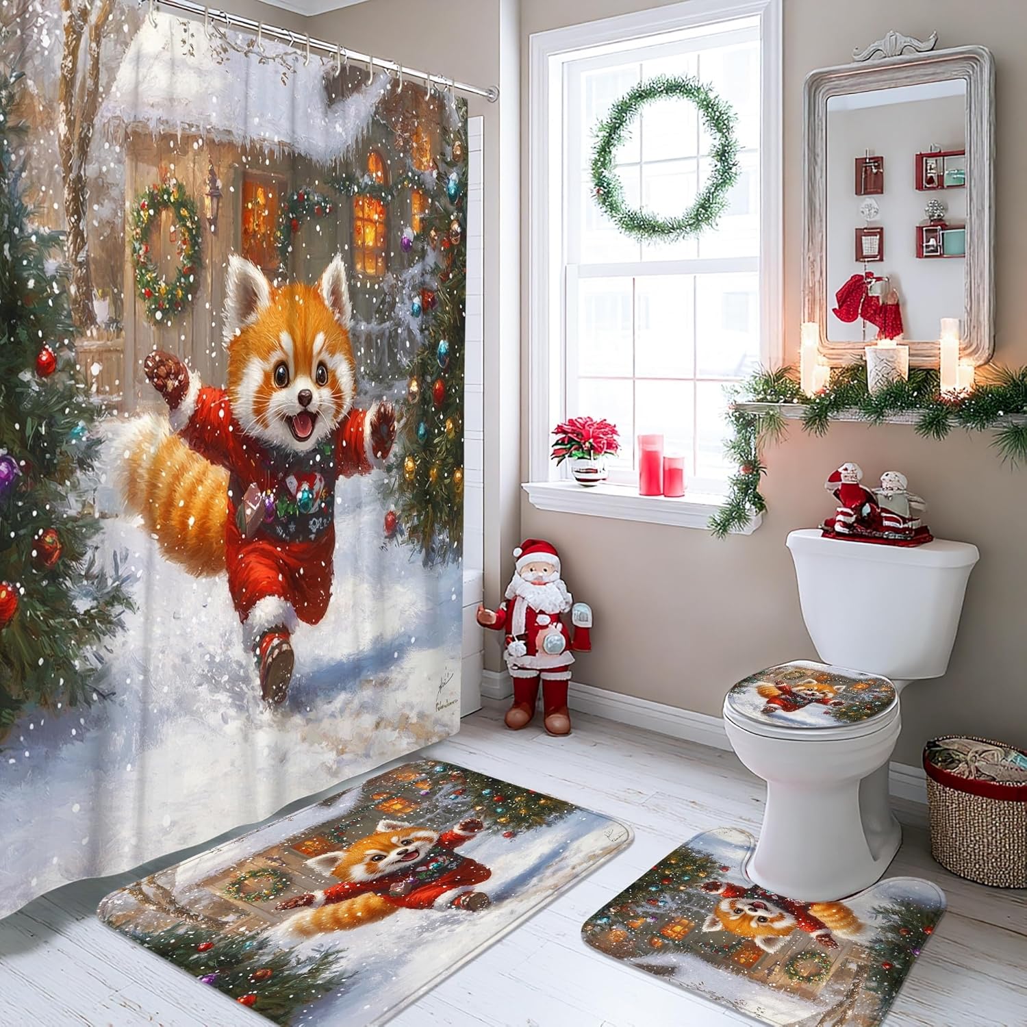 4PCS Christmas Red Panda Bathroom Sets with Non-Slip Rug, U Shape Toilet Lid Cover Mat, Winter Snow Xmas Animal Bathroom Decoration 72''x72''