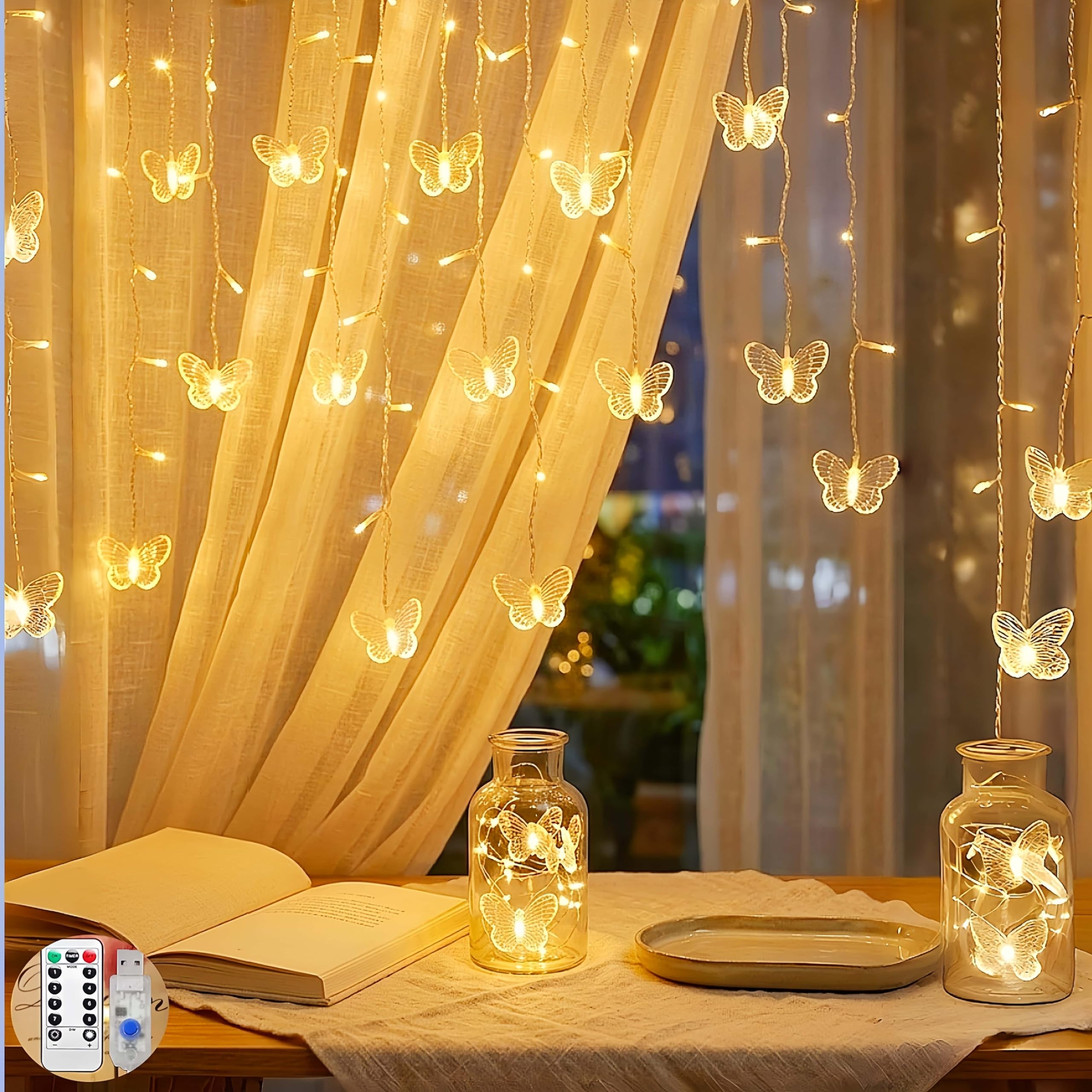 Hhmtaka Warm White Butterfly Curtain Lights 2M Butterfly Fairy Lights With 48 Led 8 Modes Usb String Lights Spring Decoration For Indoors,Bedroom,Christmas Décor