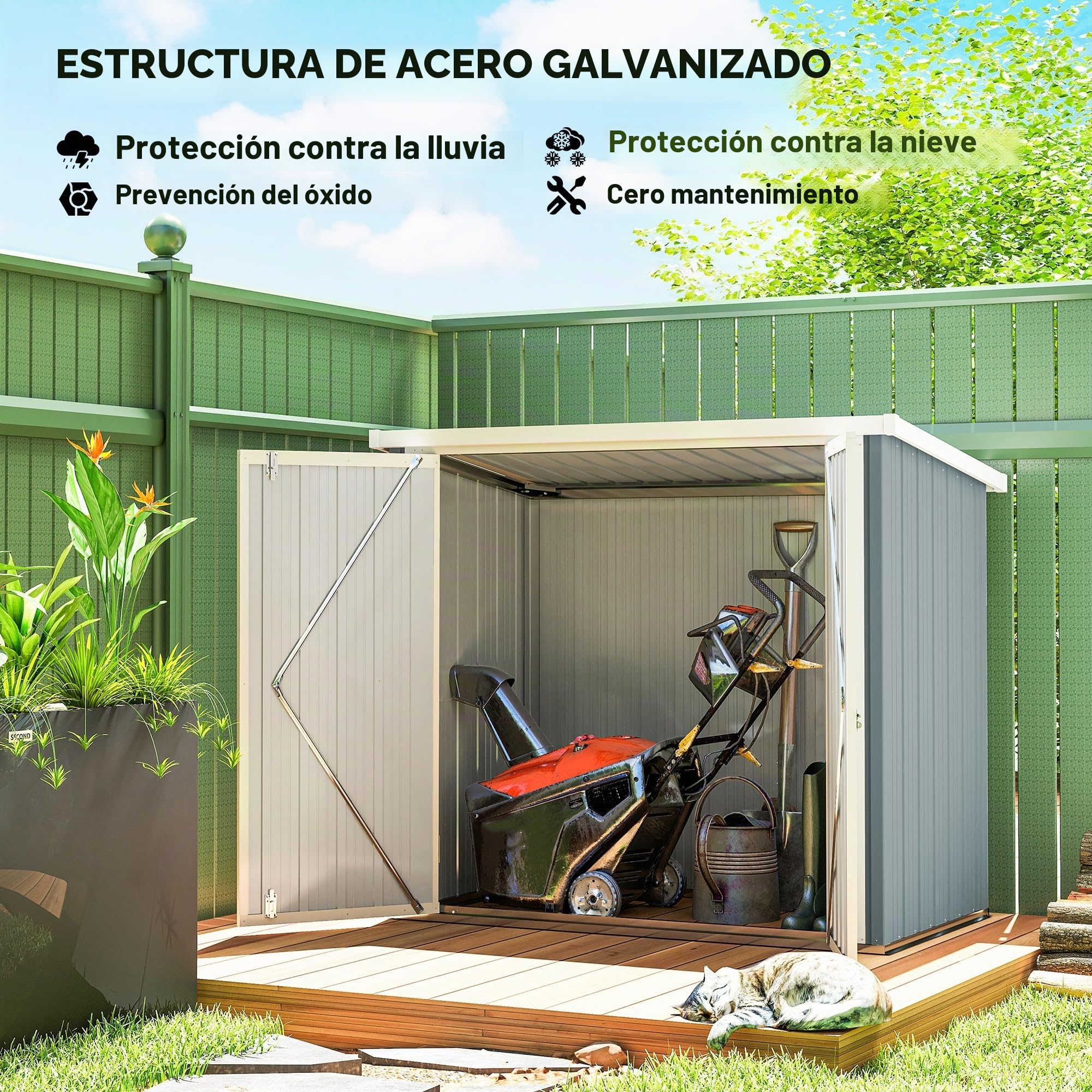 Outsunny Garden Shed - caseta de jardín 1,09 m² - caseta de Herramientas con 2 Puertas con Cerradura - Dim. 147L x 86W x 134H cm - Chapa de Acero Gris Claro Blanco