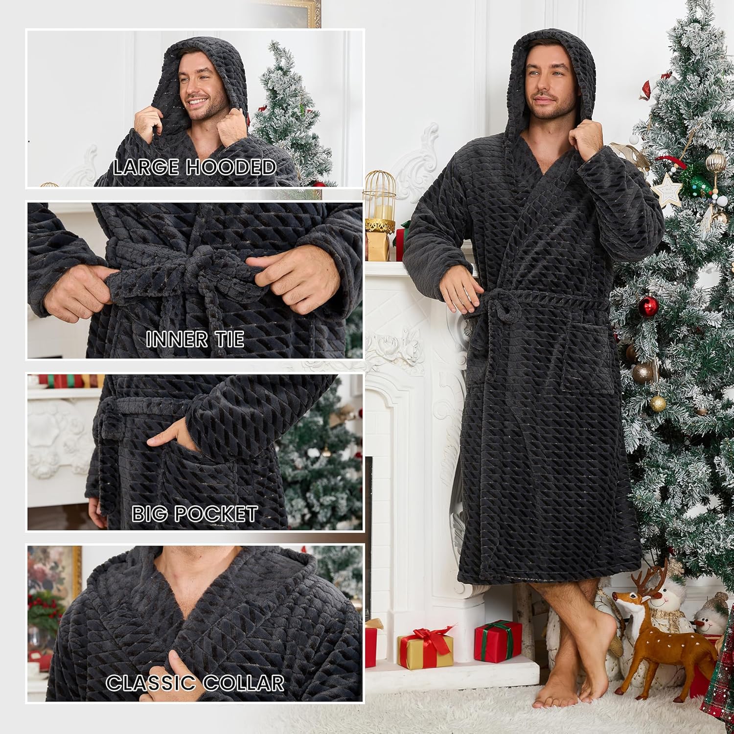 U2SKIIN Mens Plush Fleece Hooded Robe, Soft Warm Long Bathrobe with Pockets, Cozy Spa Shower Robe for Men - Image 4