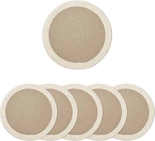Encasa XO Juego de 6 manteles individuales  Tapete redondo de algodón  13 pulgadas de diámetro  Beige y blanco roto  Cargadores para platos de cena