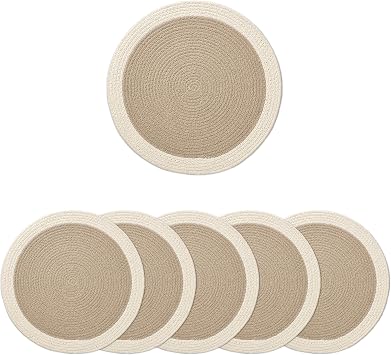 Encasa XO Dining Placemats Set of 6 | Cotton Round Table Mat - 13 in Diameter | Beige & Off White | Handmade Rib Style Chargers for Dinner Plates