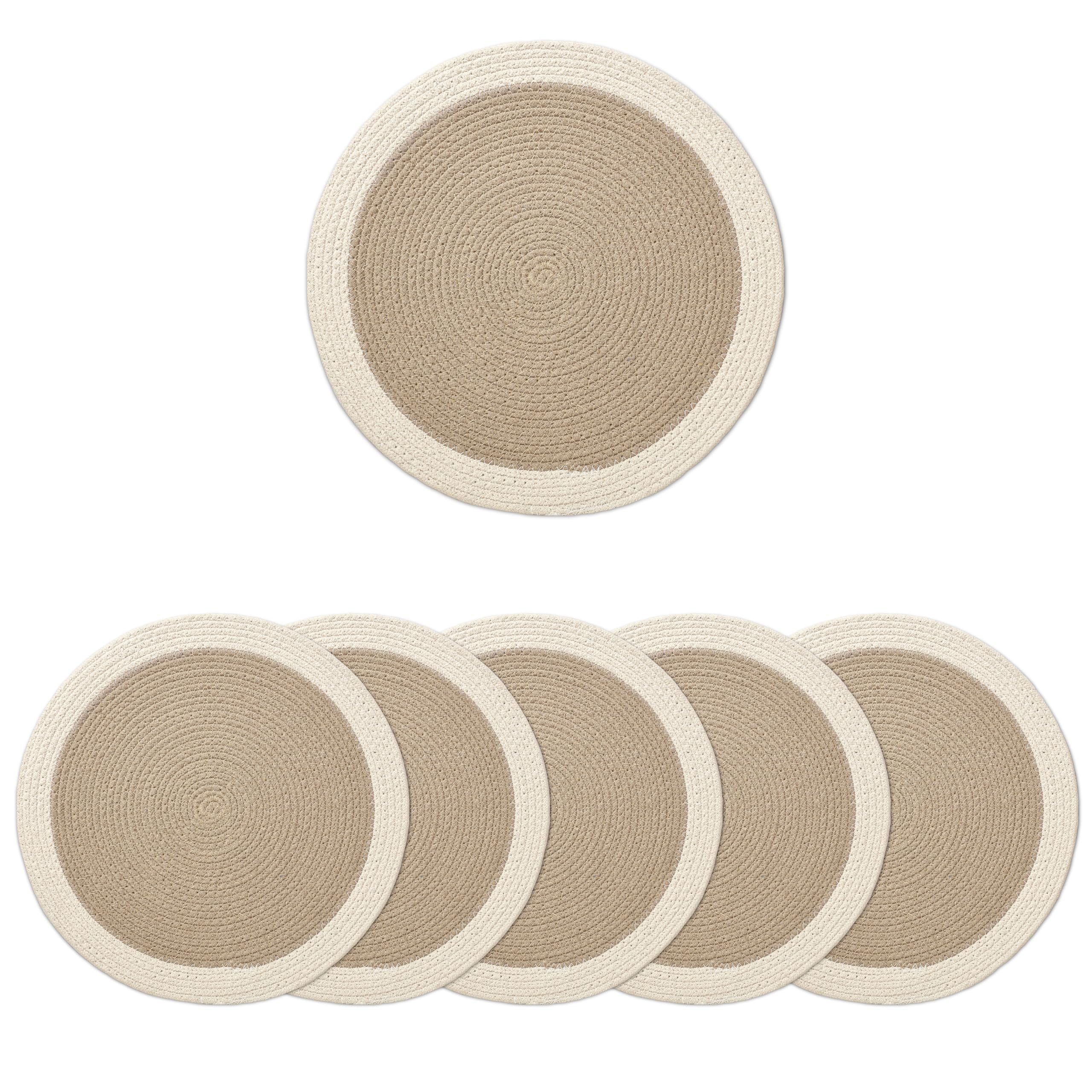 Encasa XO Dining Placemats Set of 6 | Cotton Round Table Mat - 32 cm Diameter | Beige & Off White | Handmade Rib Style Chargers for Diner Plates