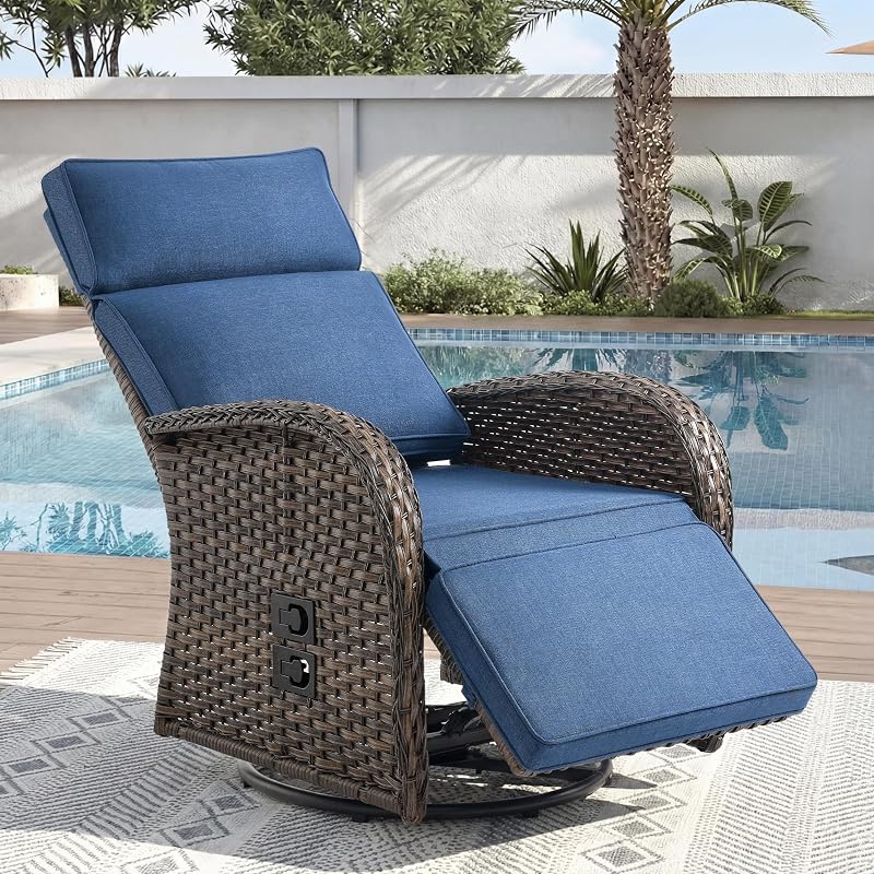 Jelwaly Zero Gravity Patio Swivel Recliner Chair - Wicker Outdoor Lounge Chair with Adjustable Backrest & Footrest, All Weather Reclining Chairs with Thick Cushion for Pool Deck Blue