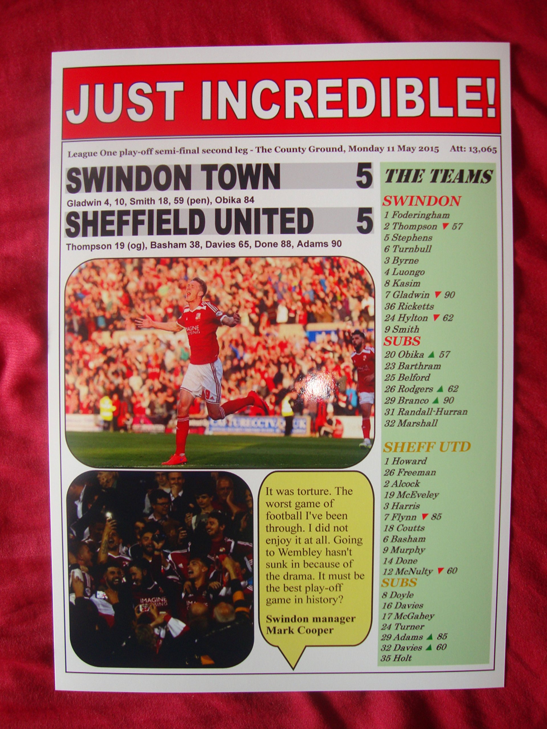 Lilywhite Multimedia Swindon Town 5 Sheffield United 5 - Swindon At Wembley - 2015 - Souvenir Print