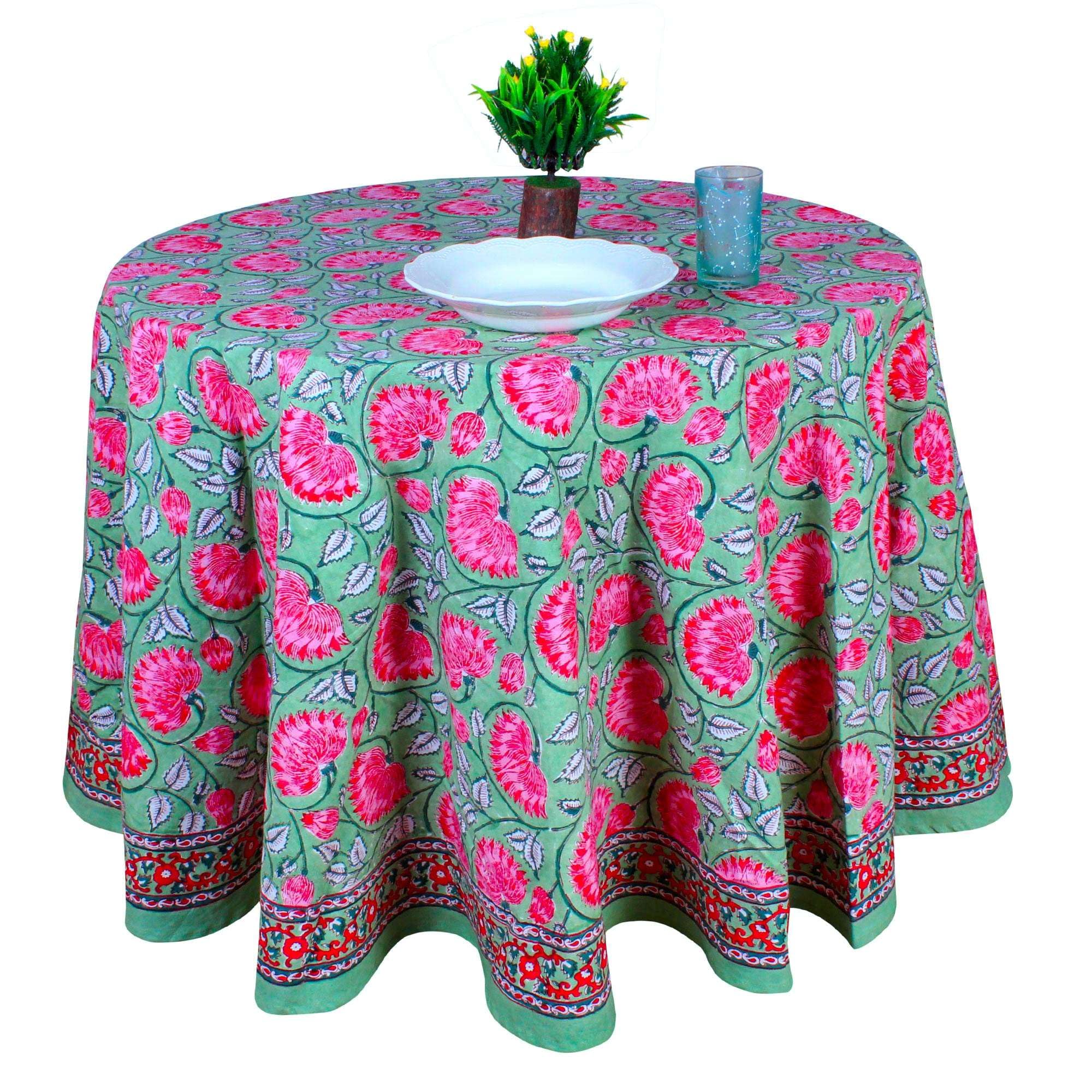 Mantel redondo de 100 % algodón, color verde y rosa, para primavera y verano, mantel con estampado de bloques para comedor, bodas, al aire libre, fiestas, Grand Millenial Home, 72