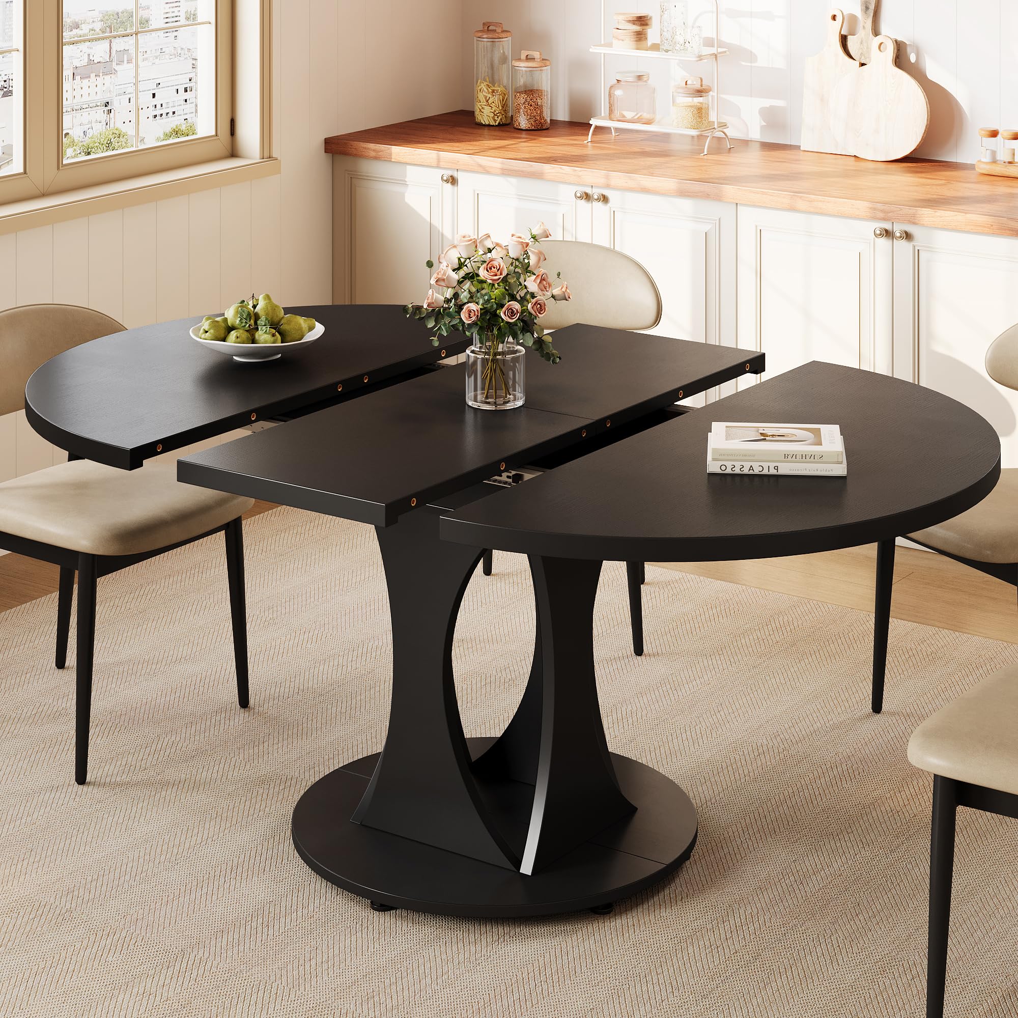 59 Extendable Round Dining Table for 6-8 Kitchen Table with Sturdy Double Arc Base Backboard Clasp Desktop Mid-Century