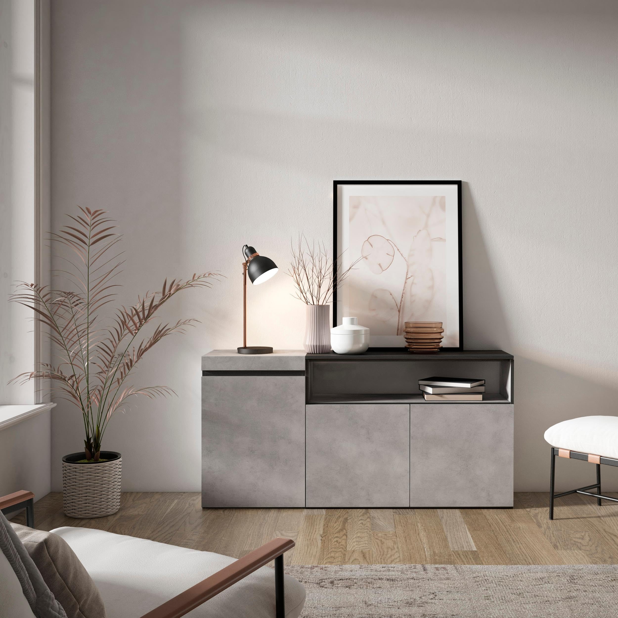 Skraut Home - Buffet Salon Et Cuisine, Meuble De Rangement, Commode, 150x87x35cm, 3 Portes, Design Industriel, Style Moderne, Blanc Et Noir