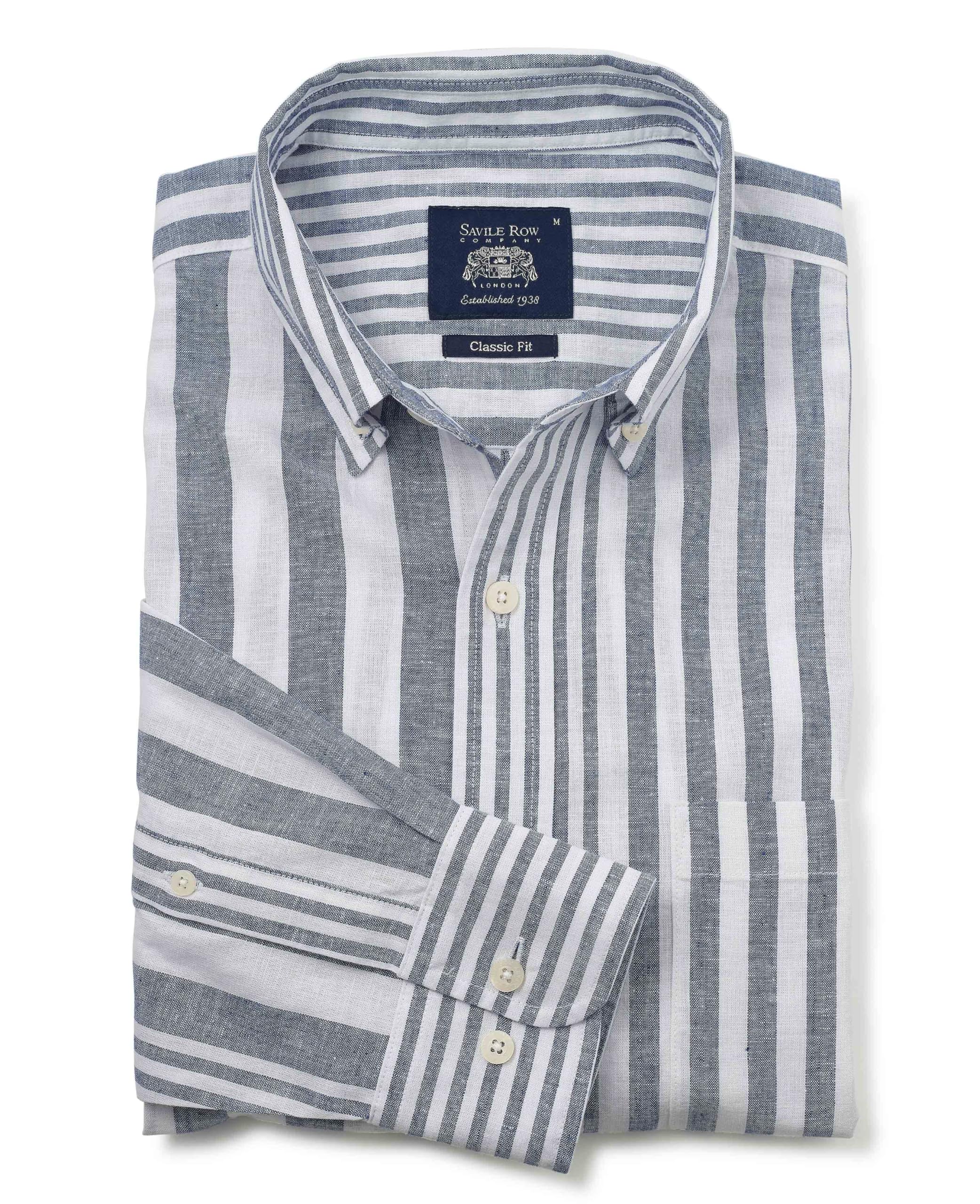 Savile Row - Camisa de manga larga para hombre, mezcla de lino, ajuste clásico con botones y cuello