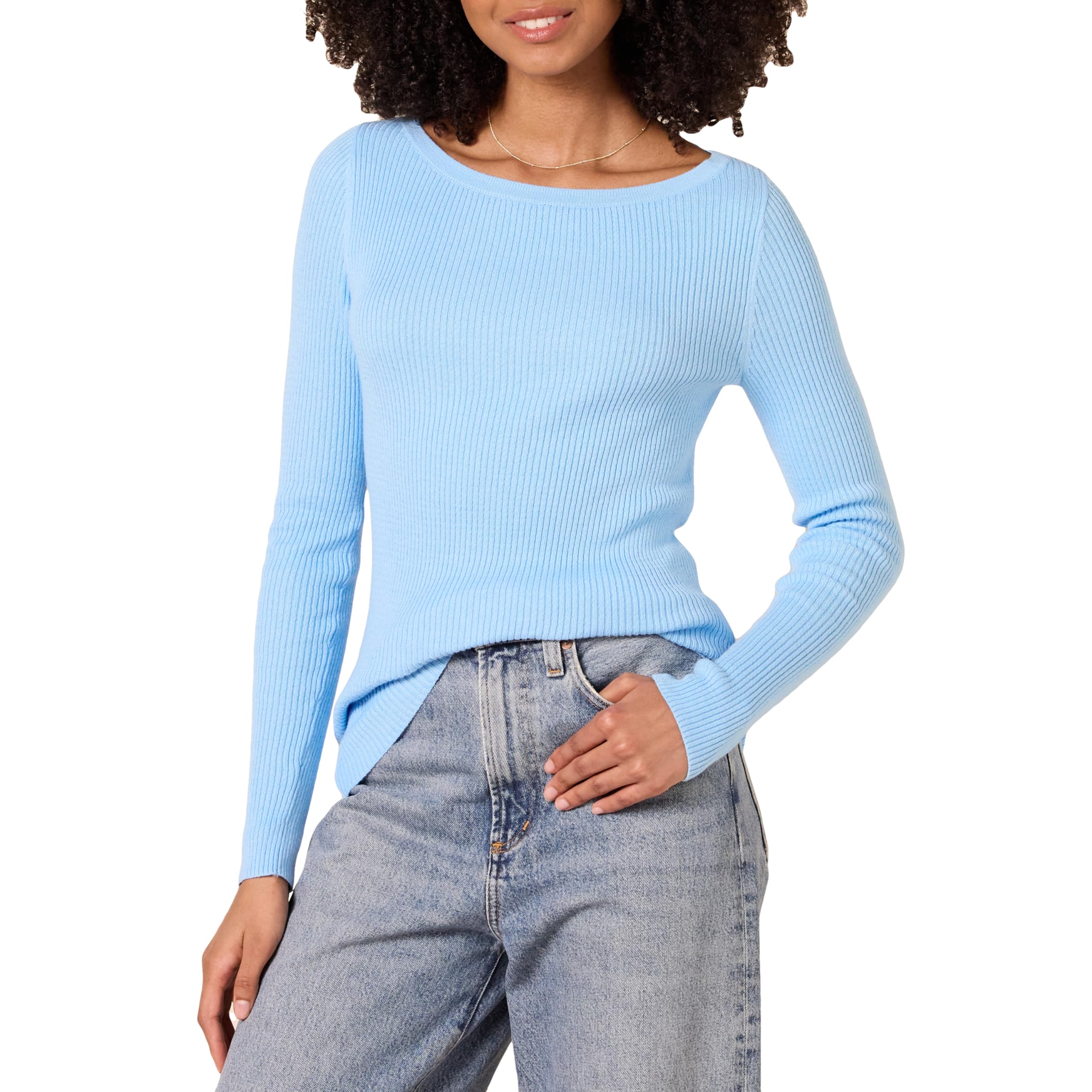 Amazon Essentials Women's Lightweight Ribbed Long-Sleeve Boat Neck Slim-Fit Sweater