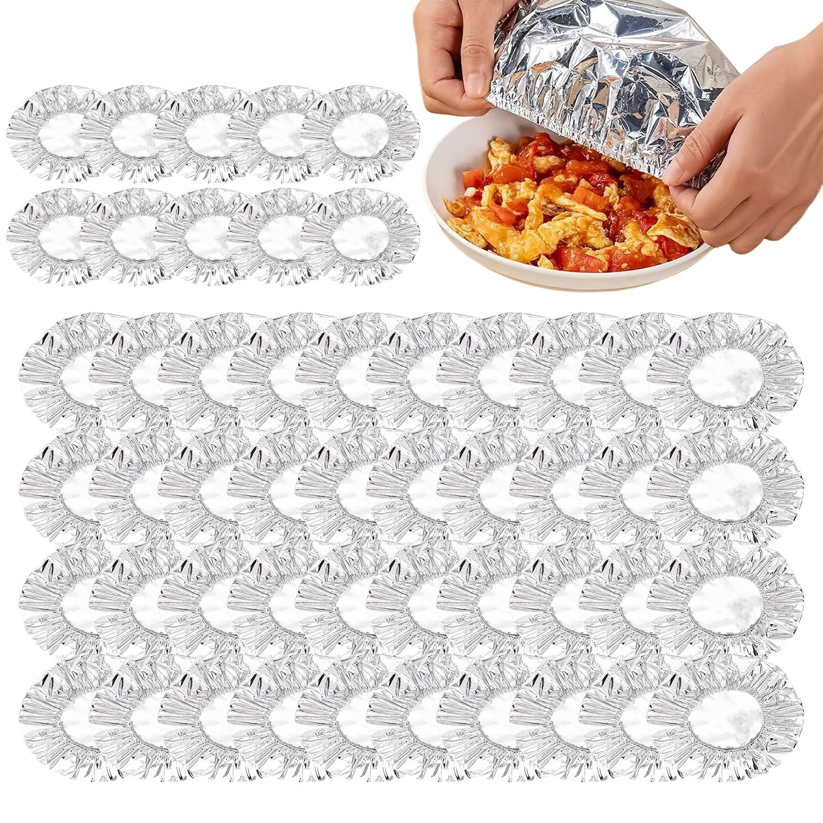 Foil Wrap - Coperture in alluminio riutilizzabili da 50 pezzi, coperture per isolanti elastiche, fogli di stoccaggio di alimenti | Sigillante termico per contenitori da cucina contenitori per verdure