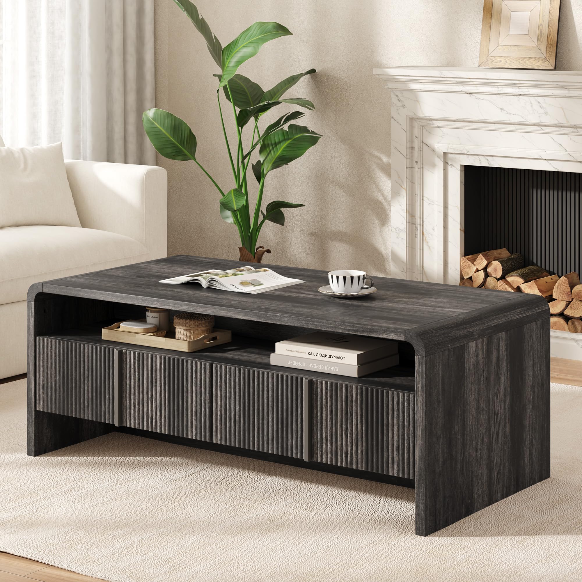 AMERLIFE Fluted Coffee Table with Storage &amp; Rounded Edges