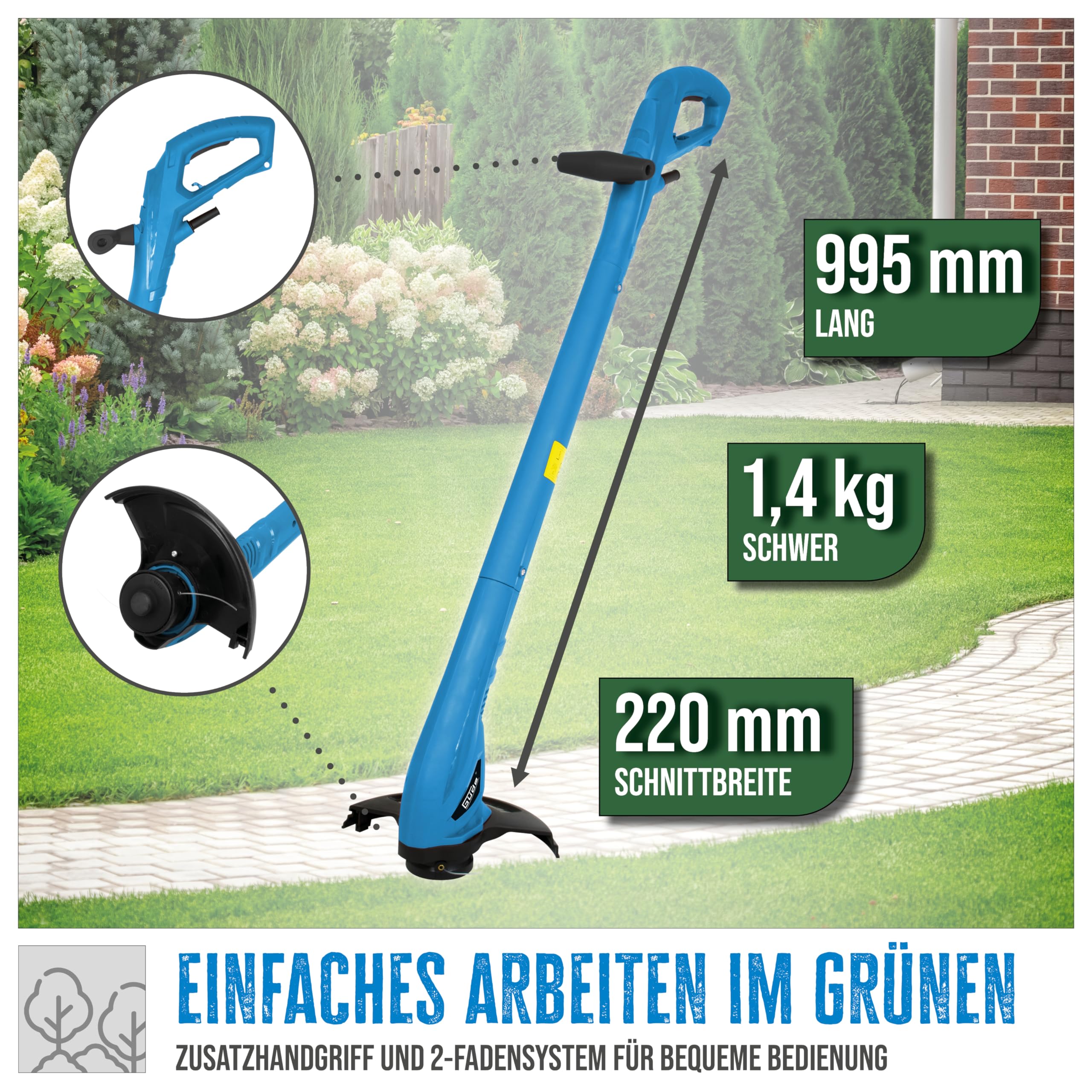 Güde 95177 Rasentrimmer GRT 251 P (2-Fadensystem mit Tipp Nachstellautomatik, Zusätzliche Fadenspule, 250W), 99 x 23 cm