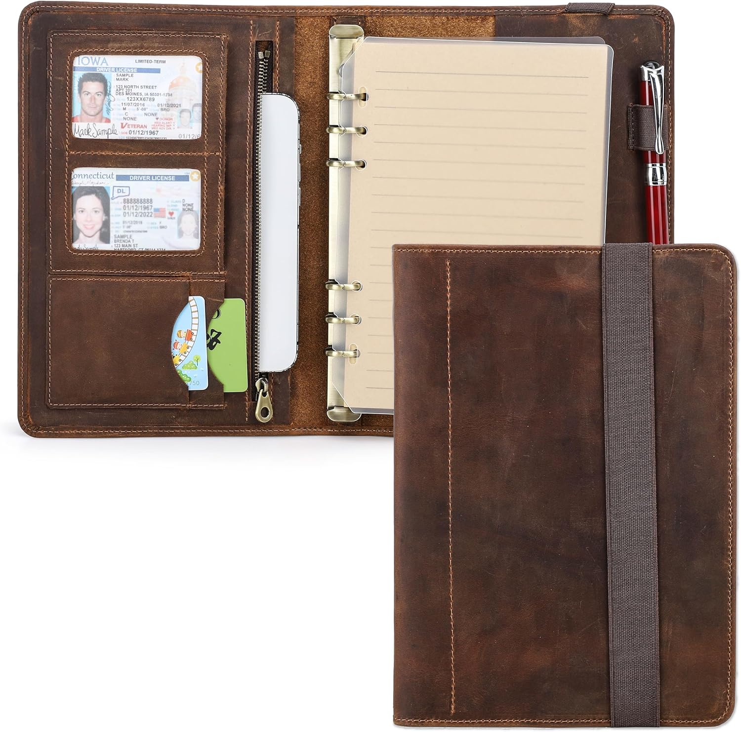 Top Grain Leather A5 Loose-Leaf Portfolio Organizer for Men & Women, Vintage Design, Multi-Functional Professional Business Portfolio for A5 Size Document/iPad mini/Pen/ID, Coffee 8.3 Inch