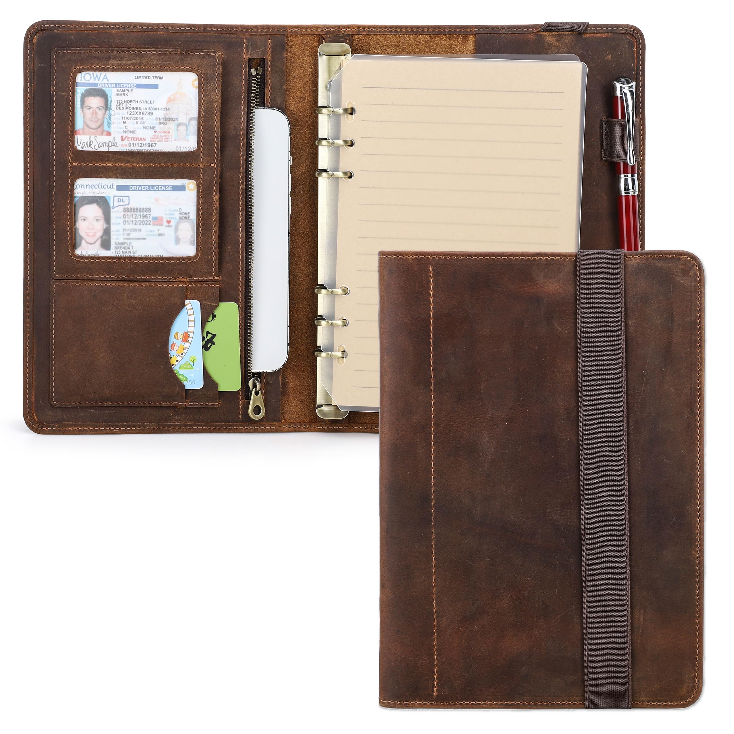 CataPurus Top Grain Leather A5 Loose-Leaf Portfolio Organizer for Men & Women, Vintage Design, Multi-Functional Professional Business Portfolio for A5 Size Document/iPad Mini/Pen/ID, Coffee 8.3 Inch