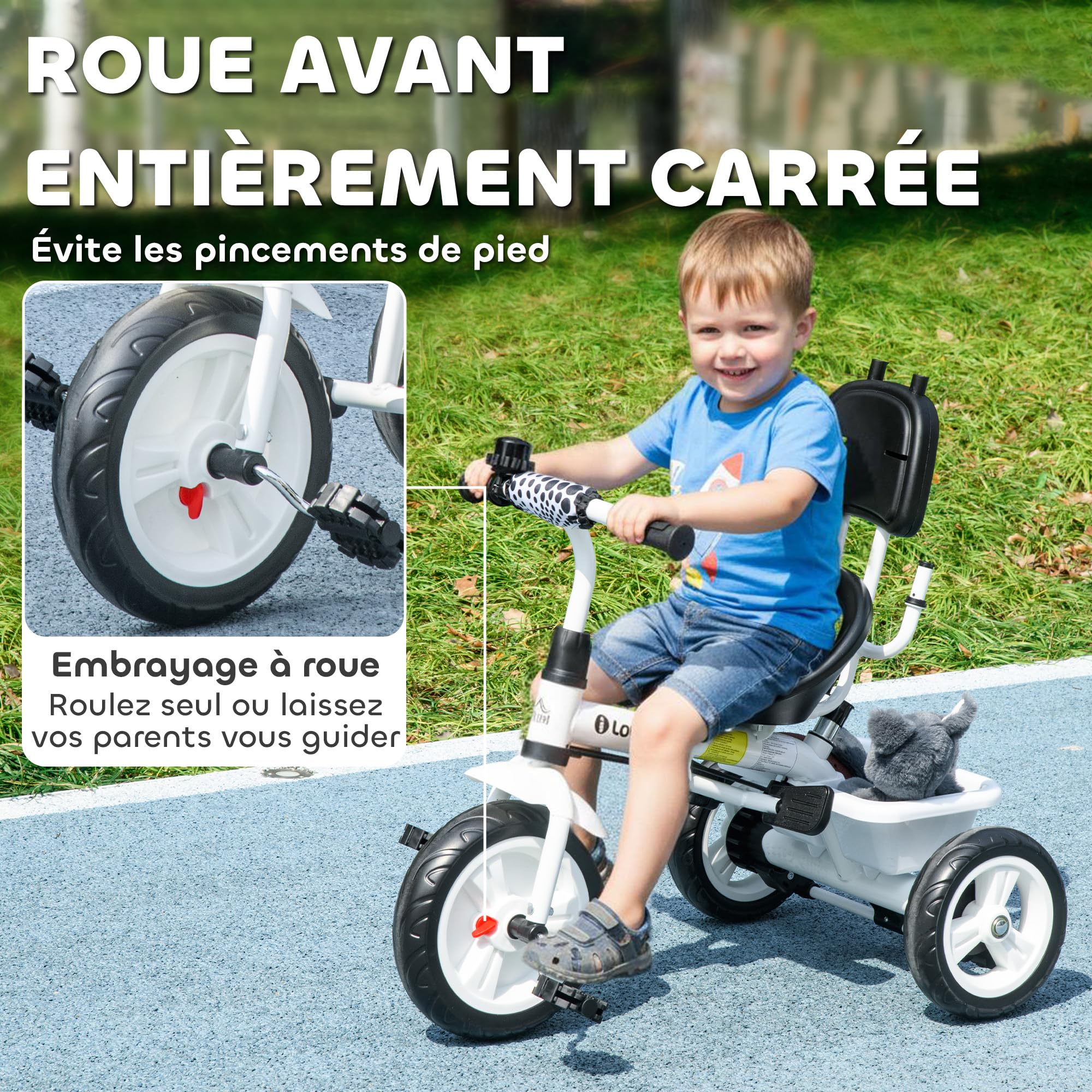 HOMCOM Tricycle Enfants Pare-Soleil Pliable Canne Amovible Benne Rangement 105 x 47 x 98 cm Acier Blanc et Noir