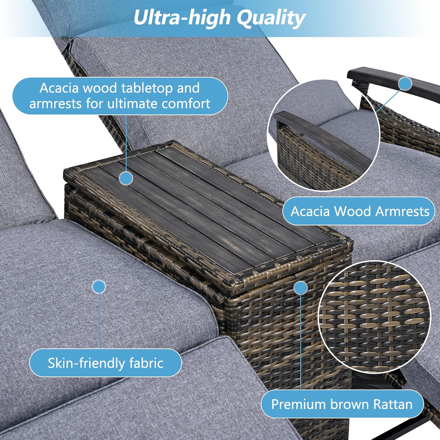 Patio Loveseat Sofa Couch with Built-in Table, Outdoor Recliner Chair with Adjustable Backrest and Footrest, Wicker Chaise Lounge Chair for Porch, Garden, Balcony, Lawn (Gray)