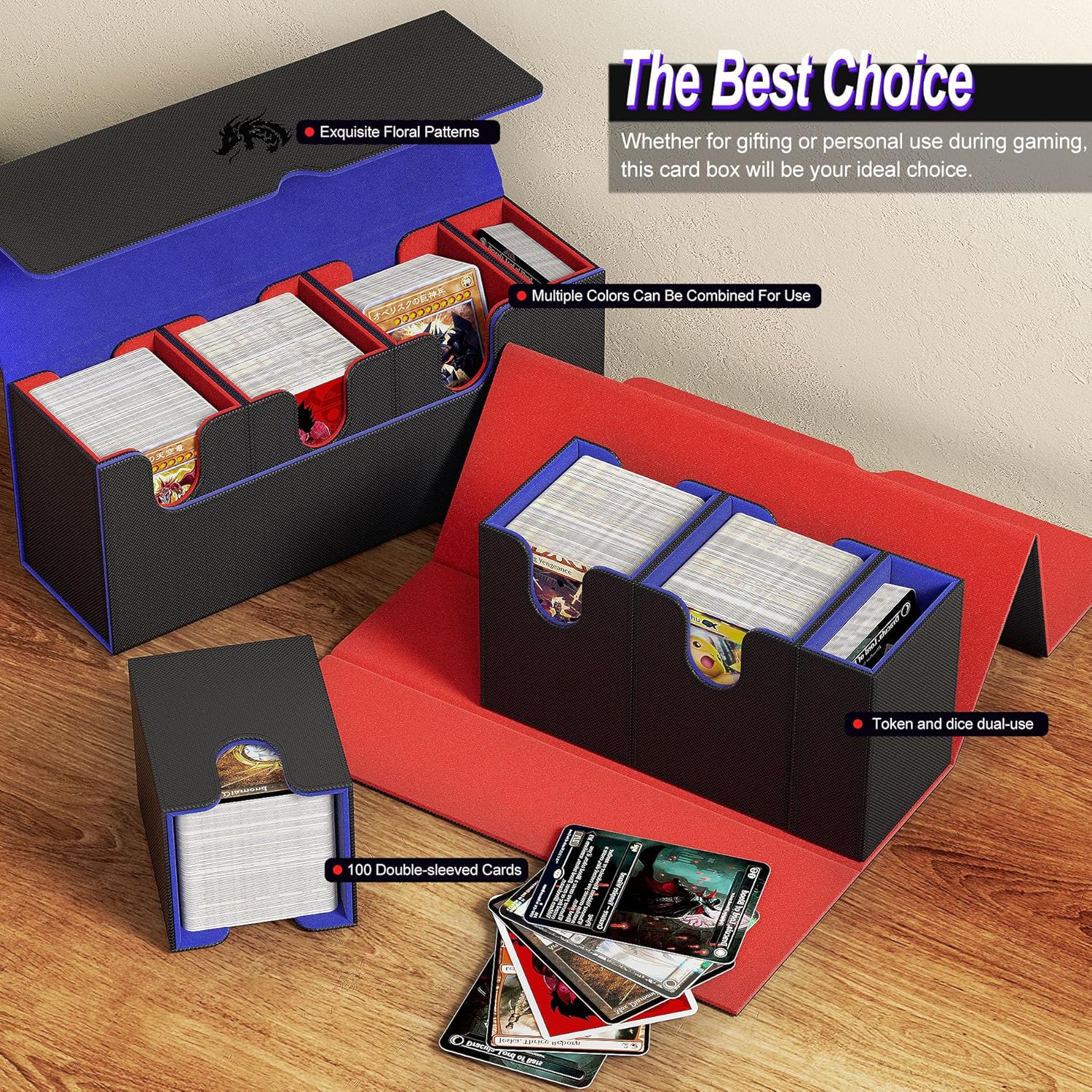 Commander Deck Box with 3 MTG Commander Display - Patented Design Fits 300+ Double - Cards for MTG, Yugioh, Secure Magnetic Closure, Ideal for Trading Card Games and Board Games (Black&Blue)