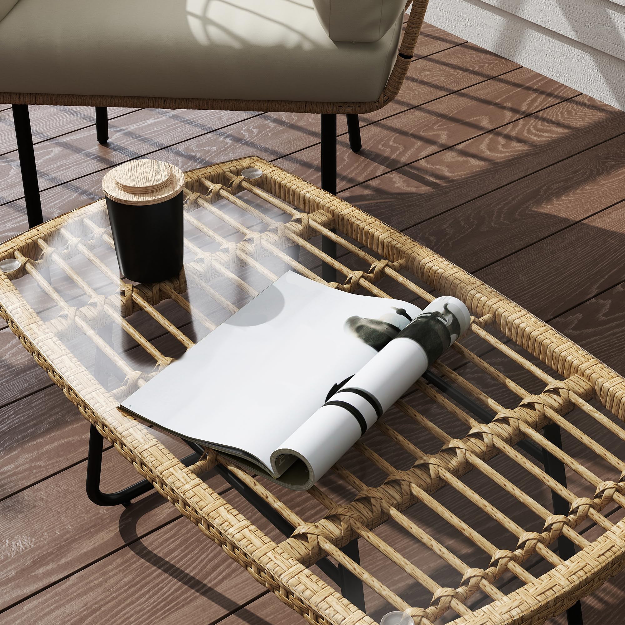 Outsunny Table d'appoint de Jardin en résine tressée 90 x 50 x 45 cm Table Basse rectangulaire Plateau Verre trempé résistante aux UV Structure Acier