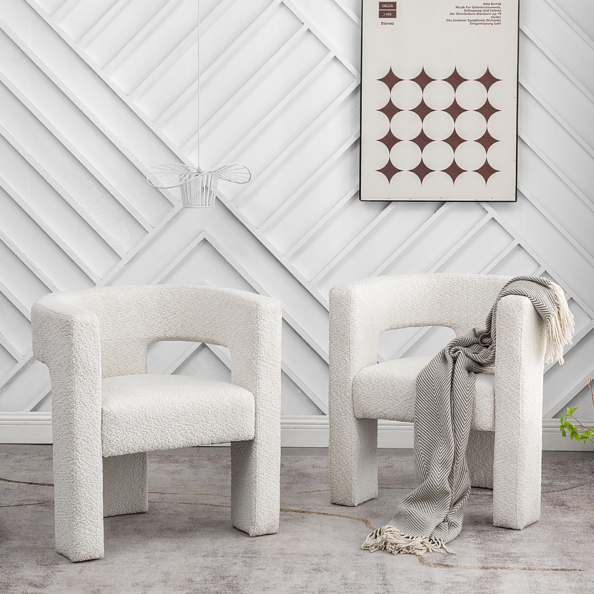 28" W Boucle Accent Chair Armchairs Set of 2, Upholstered Square Open-Back Barrel Chair, No Assembly Side Chair ArmChairs for Living Room Bedroom Lounge (Cream)