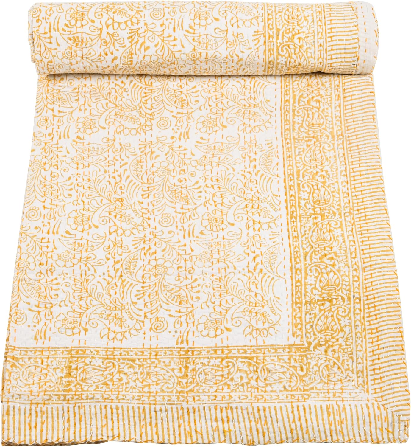 Marubhumi Indian Handmade Traditional Unique Block Print Kantha Quilt Hand Stitched with Love (Block Print-11, Twin (60"x 90"))