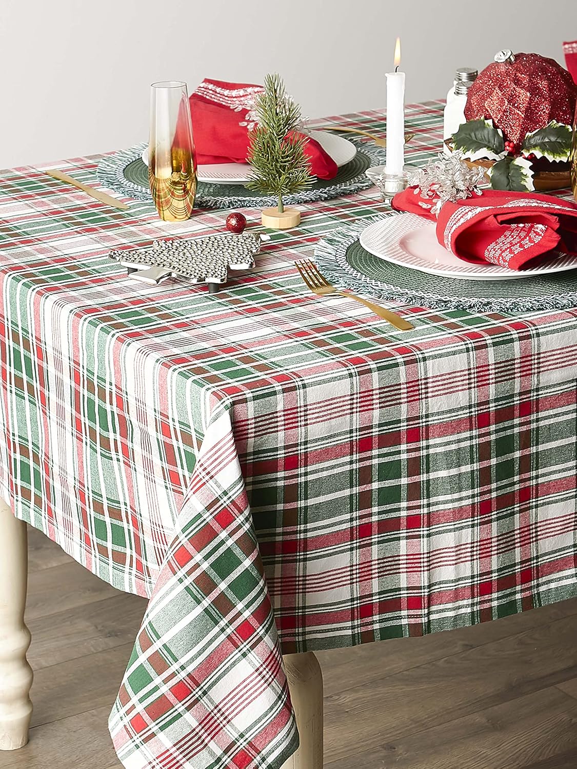 DII Yuletide Plaid Christmas Collection Holiday Dining Table Linen, Tablecloth, 70" Round, Forest Green & Maroon