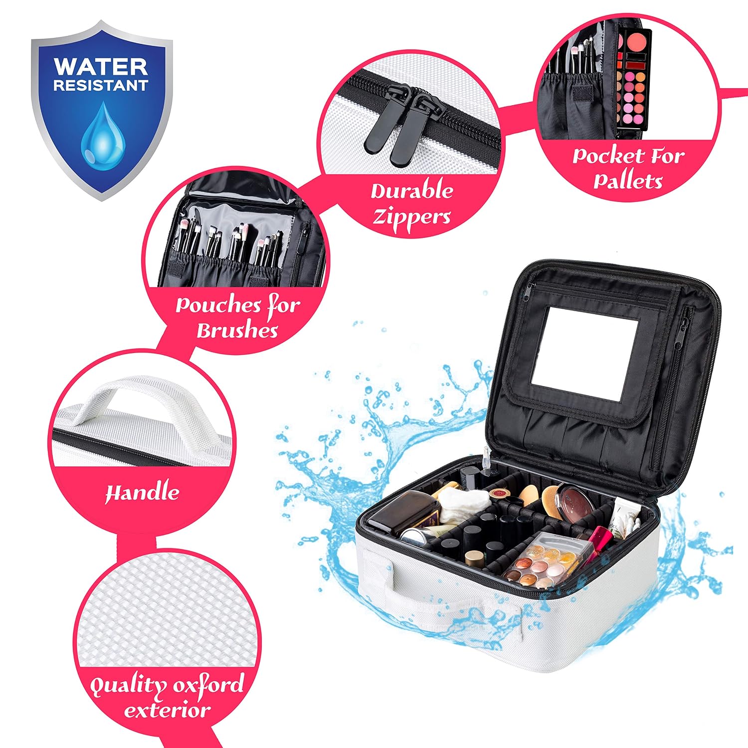 Makeup Bag Organizer with Mirror + Makeup Brush Set – Professional Makeup Train Case with Adjustable Dividers, Brush Holders – Portable Travel Makeup Case + 20 Makeup Brushes by Camoone, White