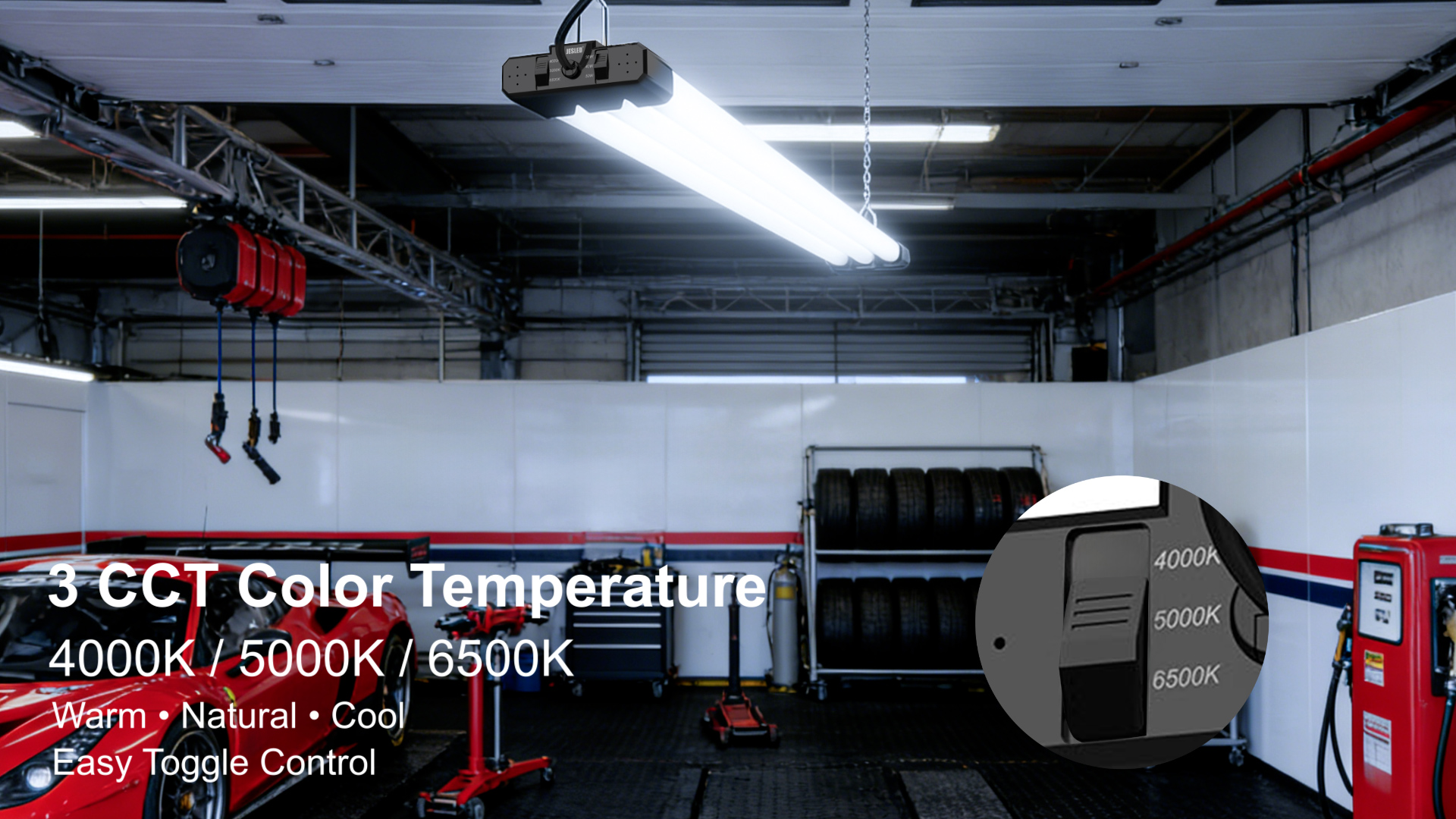 Image of JESLED LED Shop Lights 4FT 7500LM, 3CCT & 3 Wattage Adjustable, ETL | 3CCT 4000K, 5000K & 6500K, 30W /40W /50W Selectable, Linkable for Garages & Workshops, Ceiling or Hanging Mount, 6 Pack