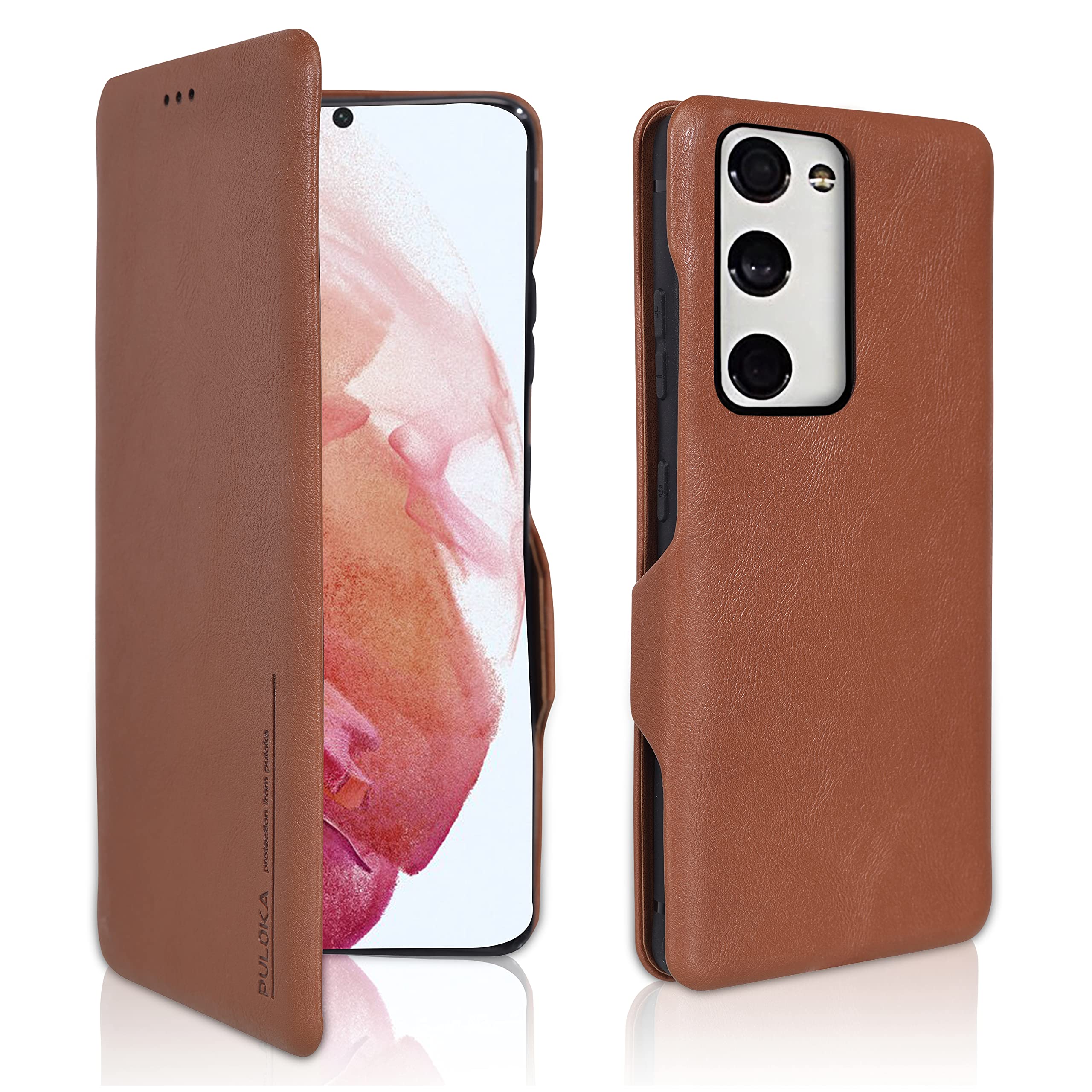 PULOKA for Samsung Galaxy S20 FE - Sleek Flip Case - Premium Vegan Leather Phone Cover with Card Slot - Slim, Durable, Privacy Protection - Kickstand Function - Elegant Flip Wallet Cases - Brown