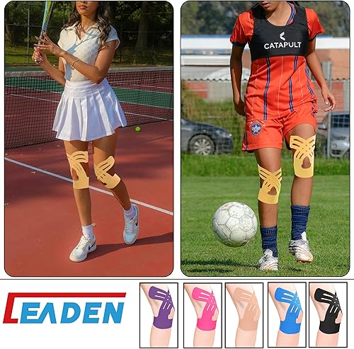 Vista 7 de IEADEN Cinta de kinesiología precortada para rodillas, 10 unidades, mejorada, soporte de rodilla y estabilidad, cinta atlética para aliviar el dolor
