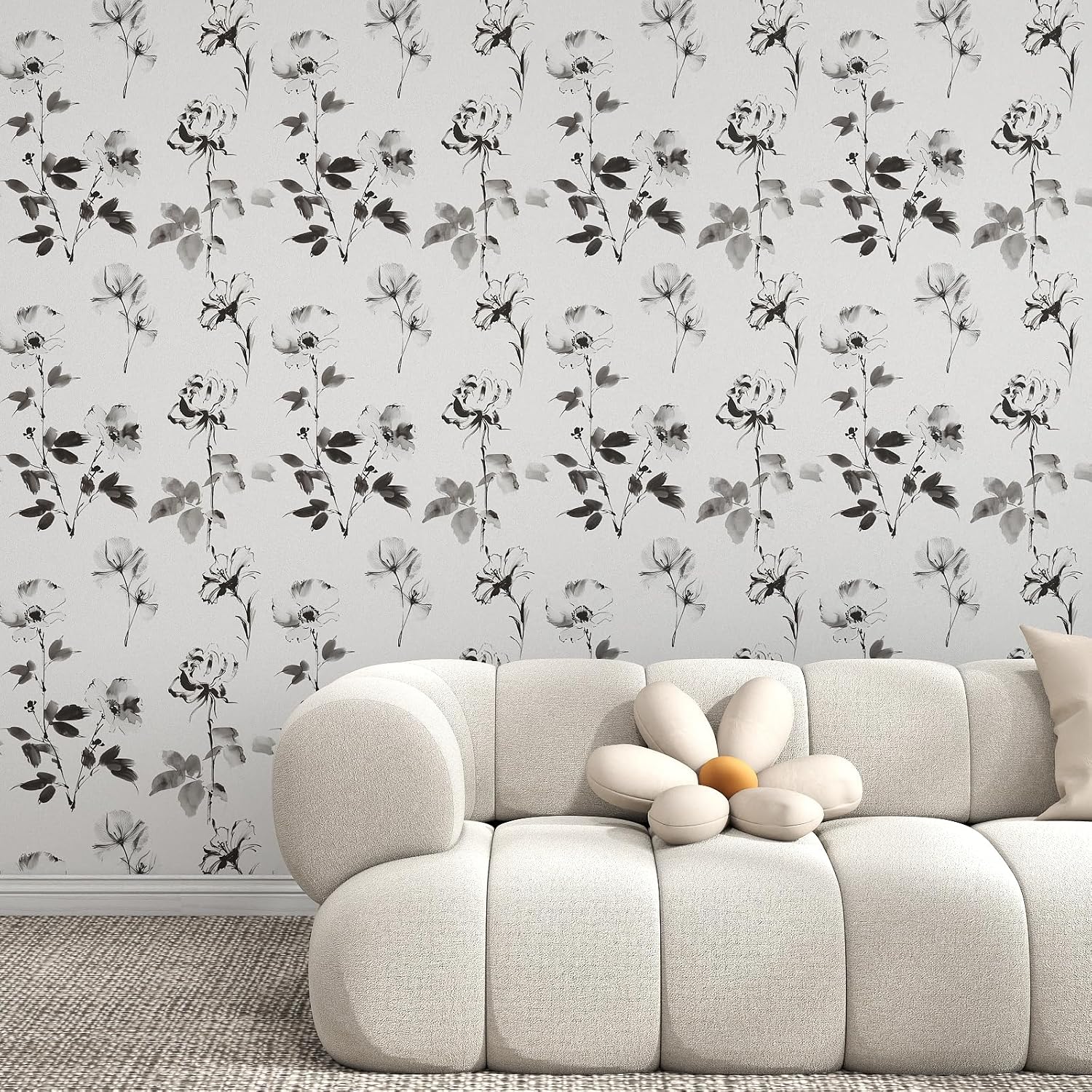 Hopepak Floral Wallpaper Peel and Stick Black and White Flower Peel and Stick Wall Paper Modern Contact Paper Removable Self Adhesive Wallpaper for Bathroom Bedroom Cabinet Decor Vinyl 17.3"×197" image 3