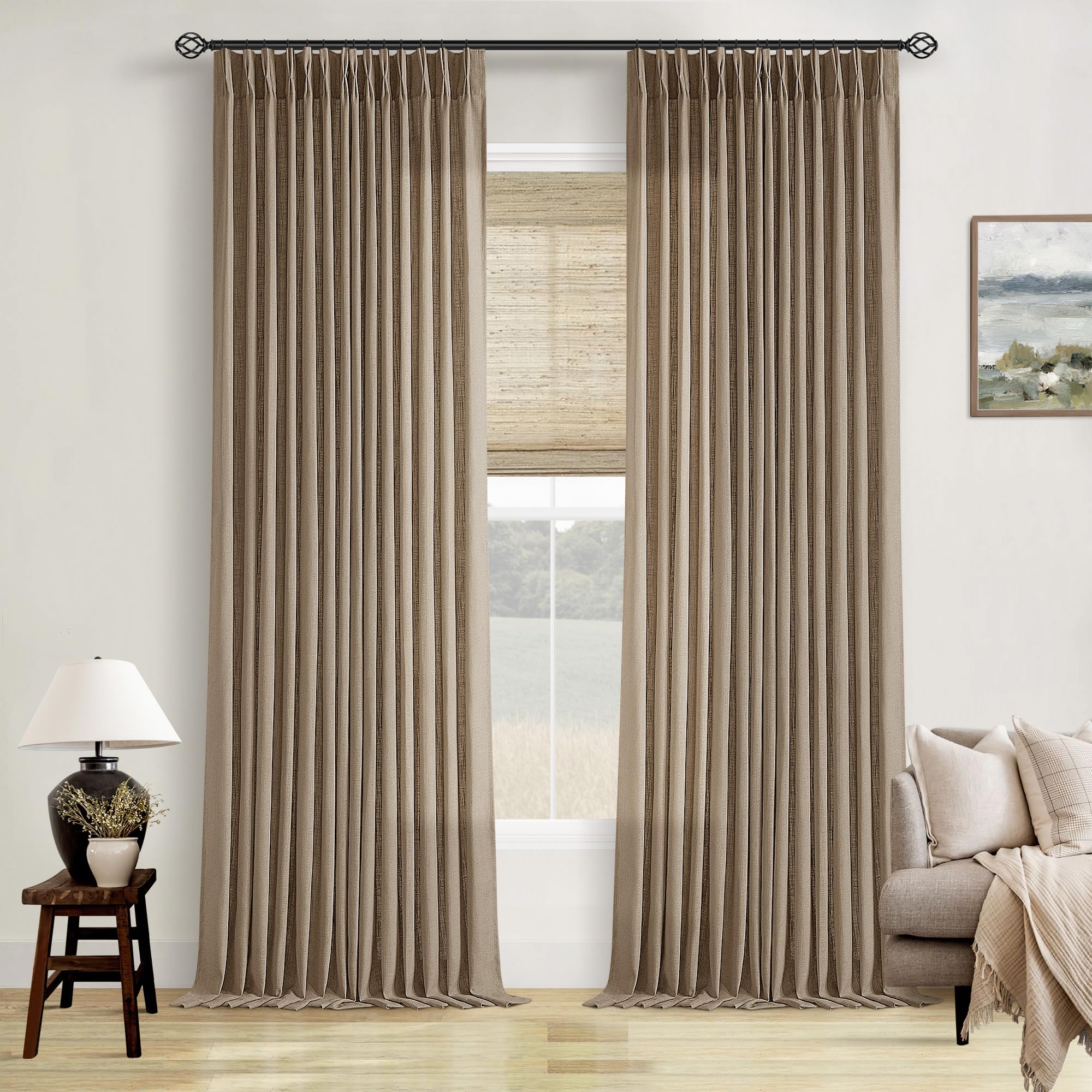Pinch Pleat Semi Sheer Light Brown Linen Living Room Curtains 90 Inch Long