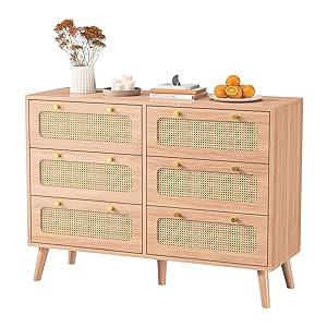Cómoda con 6 cajones de 100 cm, cómoda de ratán cajones, mueble de almacenamiento con patas de madera, 100 x 34 x 73 cm, para dormitorio, salón o pasillo (6 cajones)