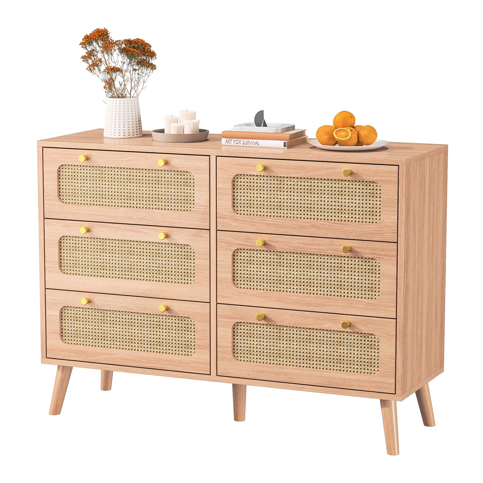 Commode à 6 tiroirs en Bois Style Nordique, Commode de Rangement avec Panneaux en rotin, Commode Chambre Adulte, Couleur Bois Naturel,100x34x73 cm