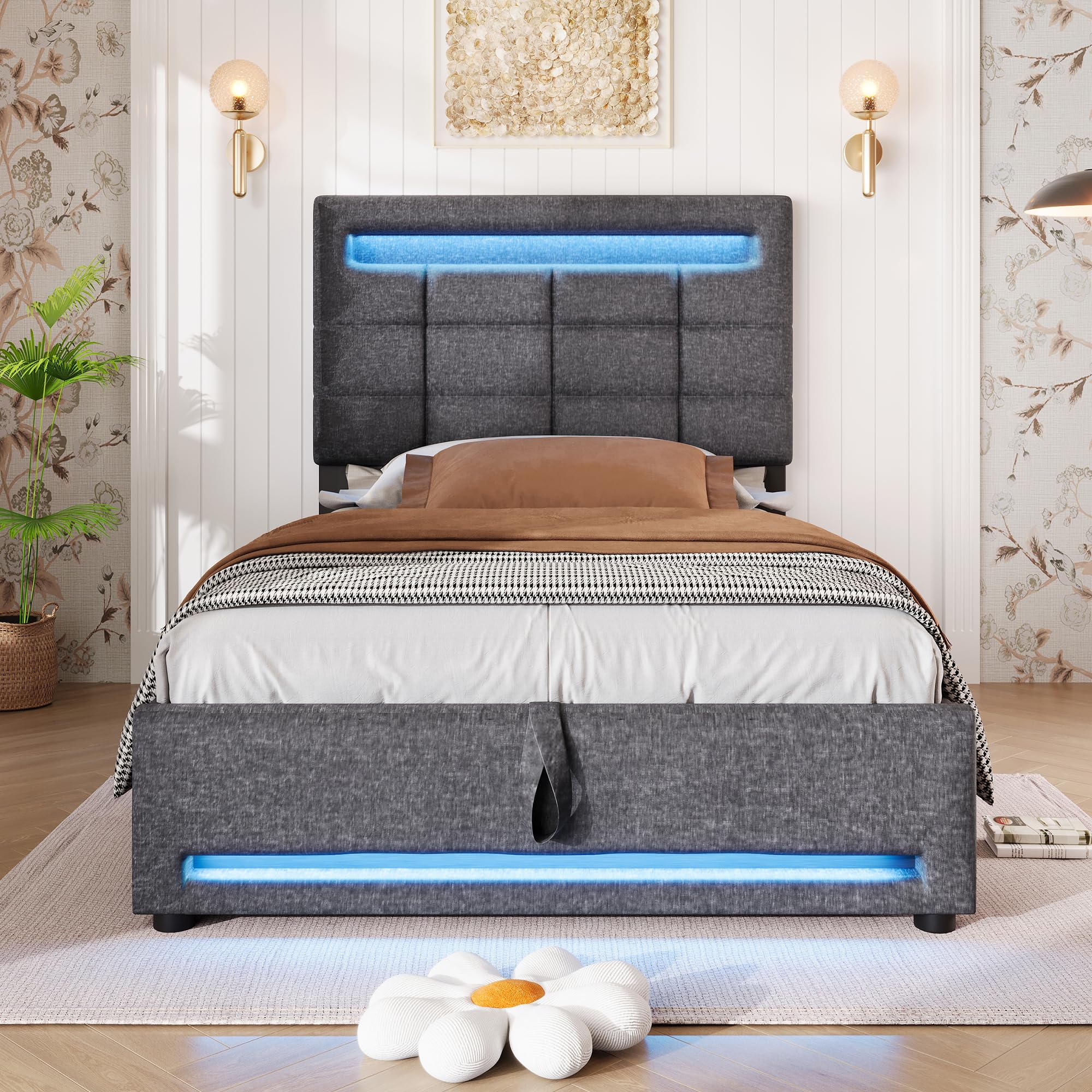 Letto Singolo con Contenitore 90x200 cm con LED e USB, Letto imbottito con Testiera e vano portaoggetti, Letto Contenitore con rete a doghe, Struttura Letto Singolo lino grigio