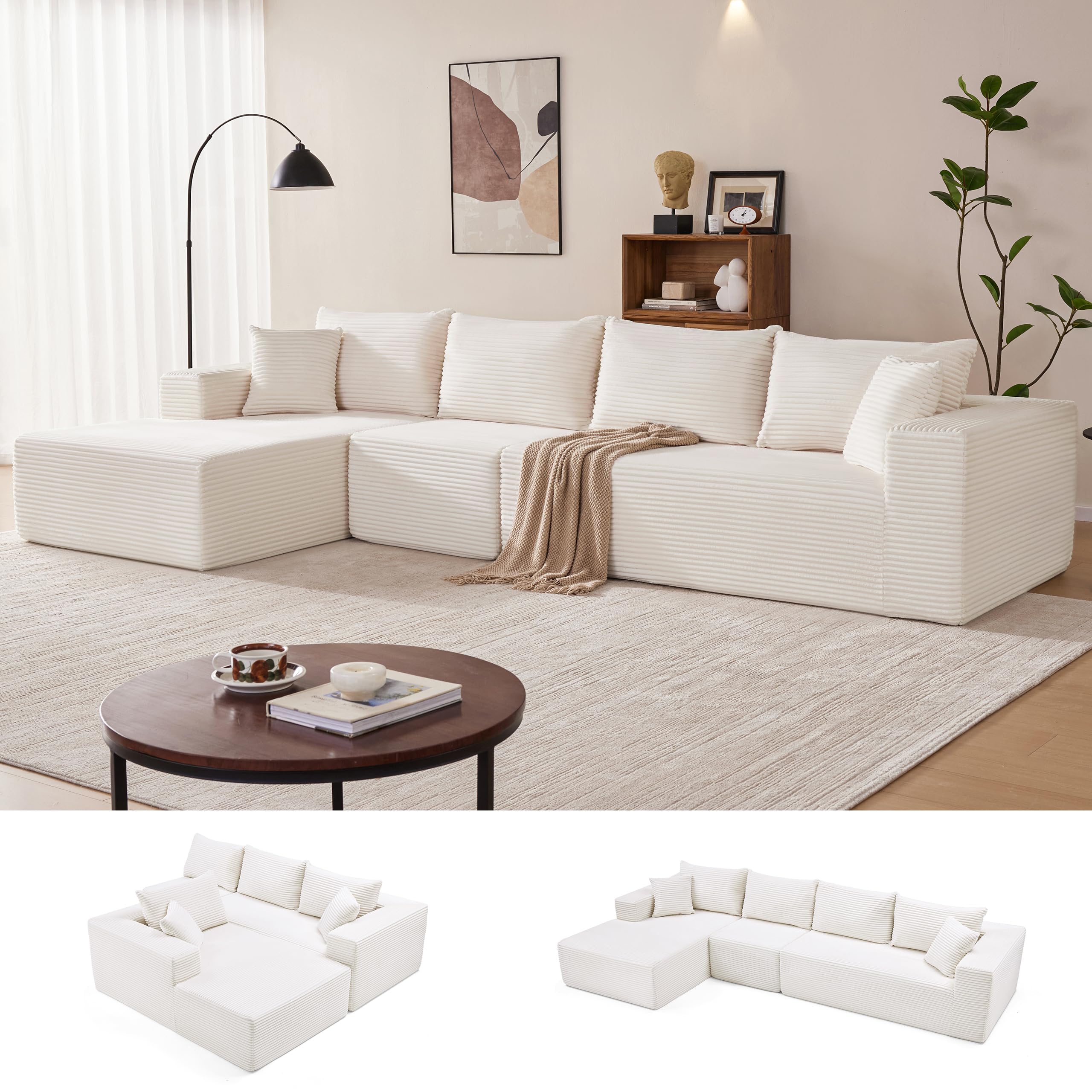 Mangodan 140” Cloud Sectional Couch, Modular Sectional Sofa with Deep Seat, Boneless Sofa for Living Room, Fluffy Comfy L-Shaped Couch with Left Facing Chaise, No Assembly Required, Beige