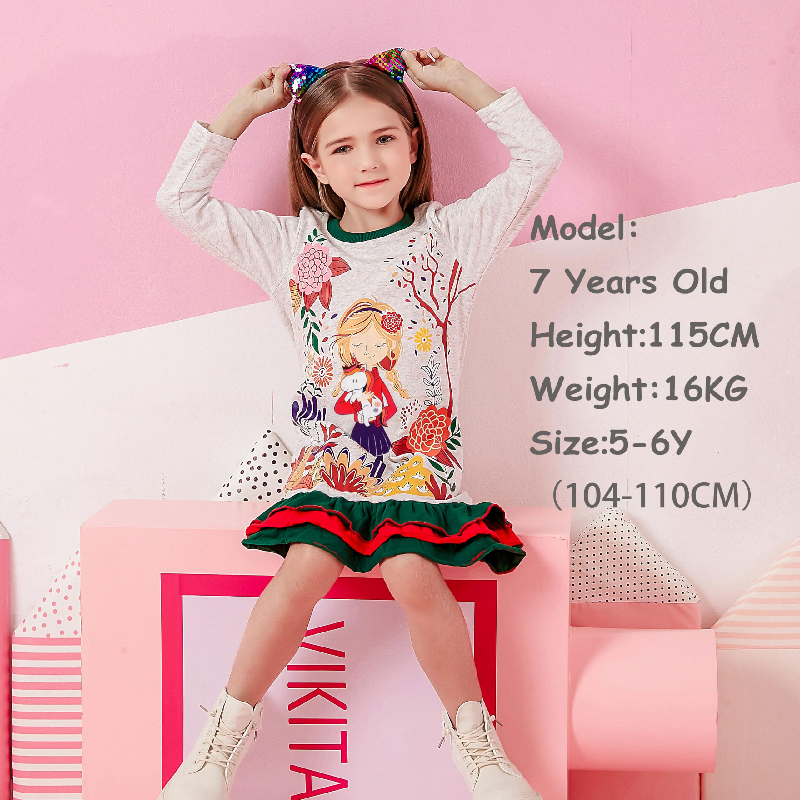 VIKITA Niñas Vestidos Algodón Animal Bordado Manga Larga Vestido para Niños — view 6