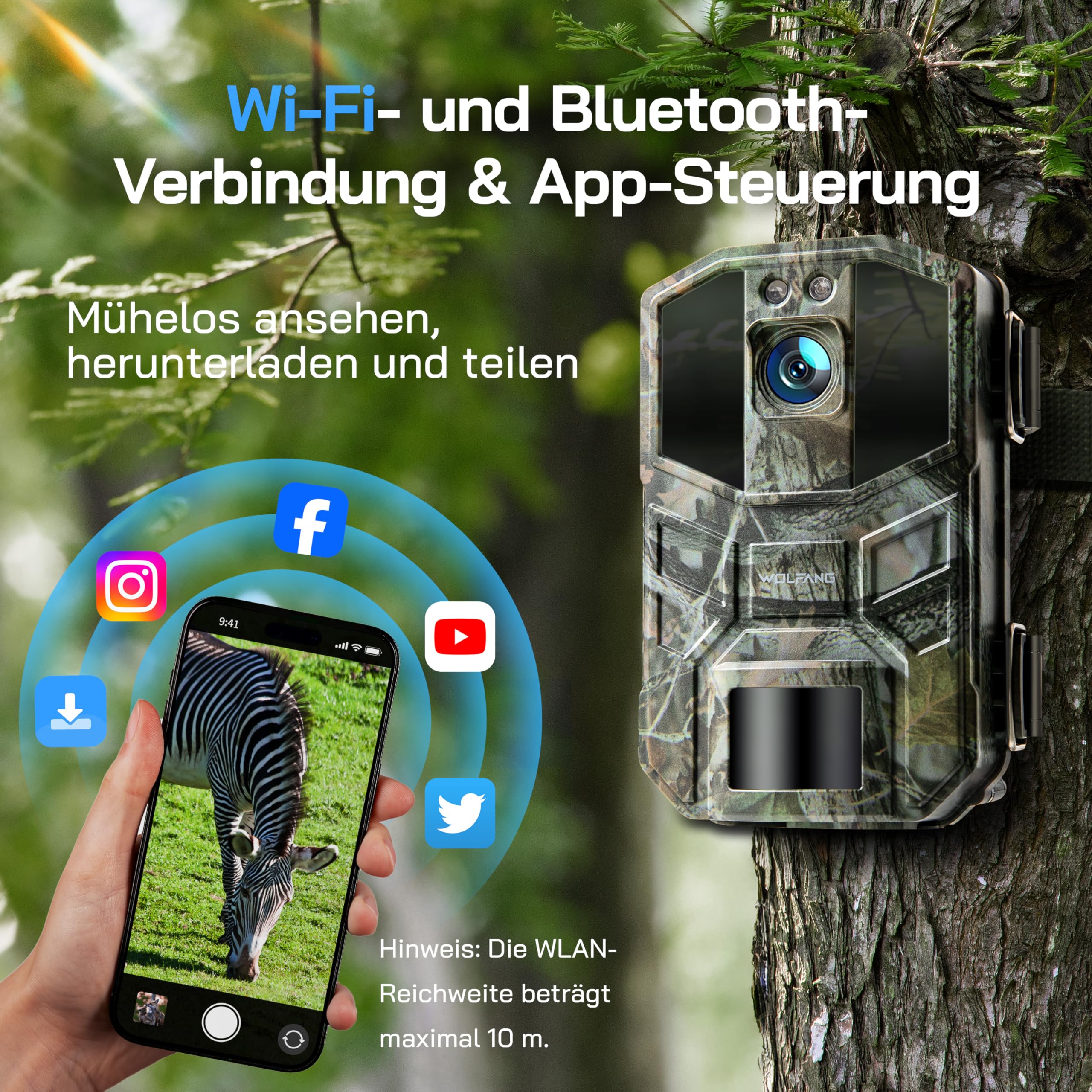WOLFANG Wildkamera 4K HD, 64MP Full HD WLAN Wildtierkamera mit App, Jagdkamera mit Nachtsicht, Bewegungssensor, IP66 Wasserdicht, 0,1s Auslösezeit für Wildtieraufnahmen