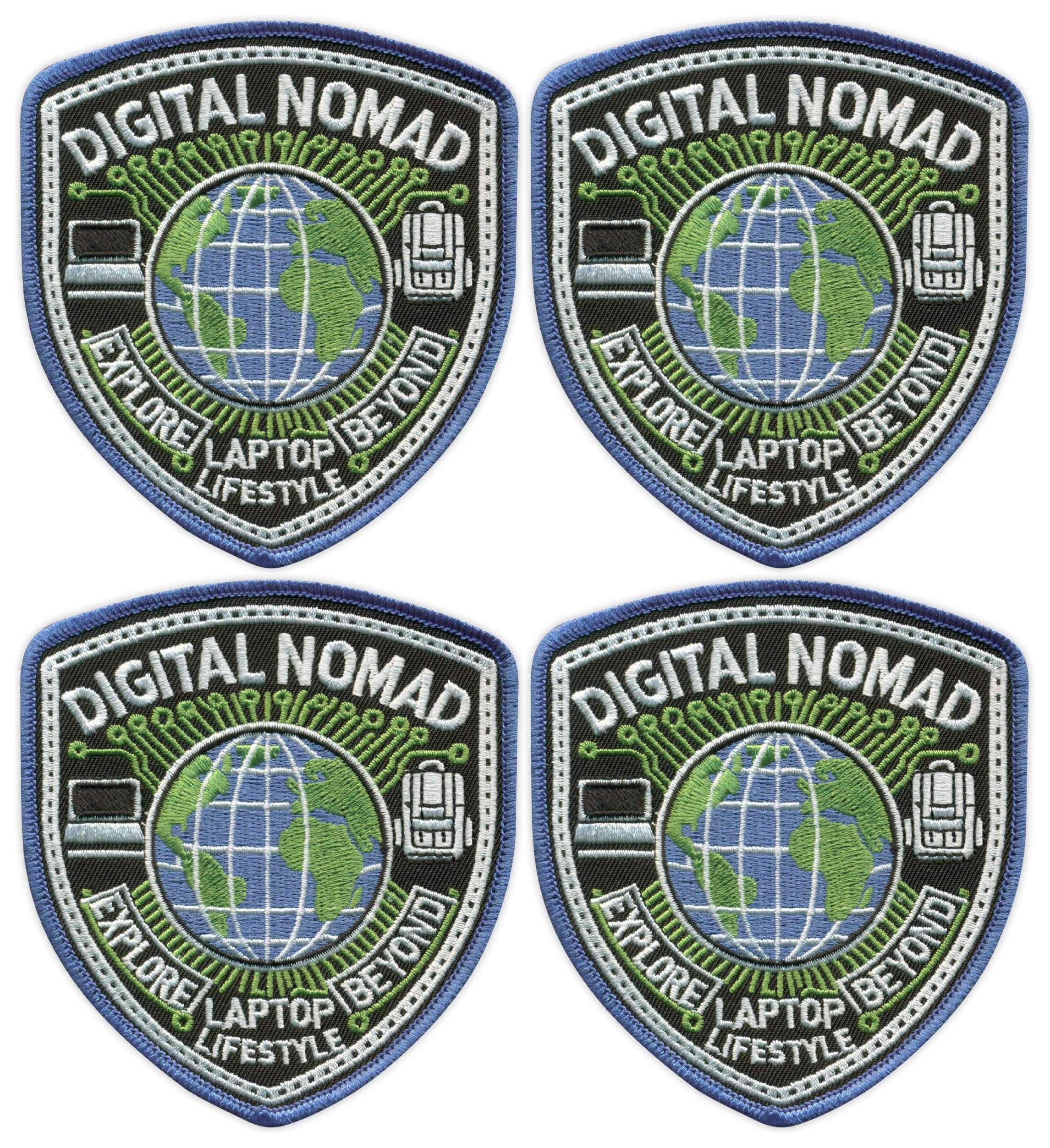 Set di 4 toppe ricamate con scritta "Digital Nomad" e scritta "Explore Beyond Laptop Lifestyle", termoadesivo/termoadesivo