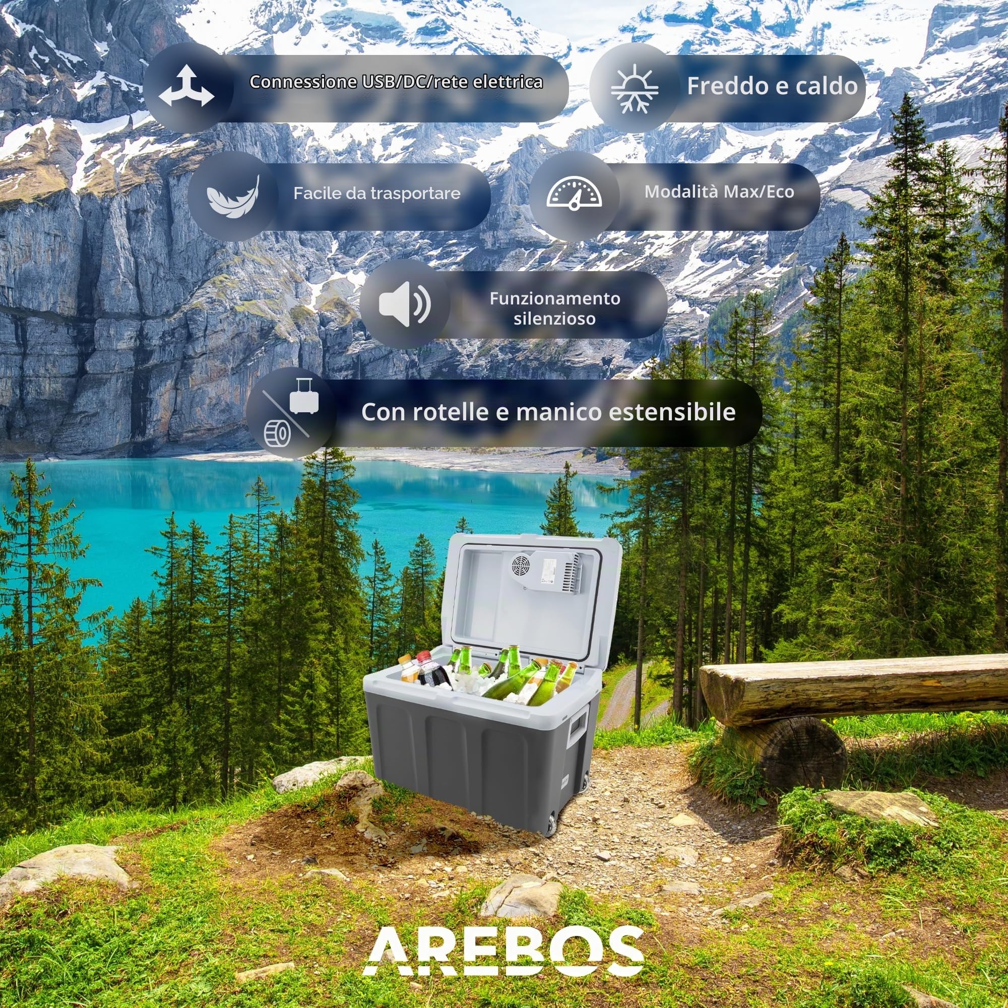 Arebos Borsa frigo da 40 Litri | per Raffreddare e Mantenere al Caldo | Mini Frigo per Auto, Camion, Barca e Camper | con modalità Eco |12/230 V e Presa | Frigoriferi Portatile Elettrico | Antracite