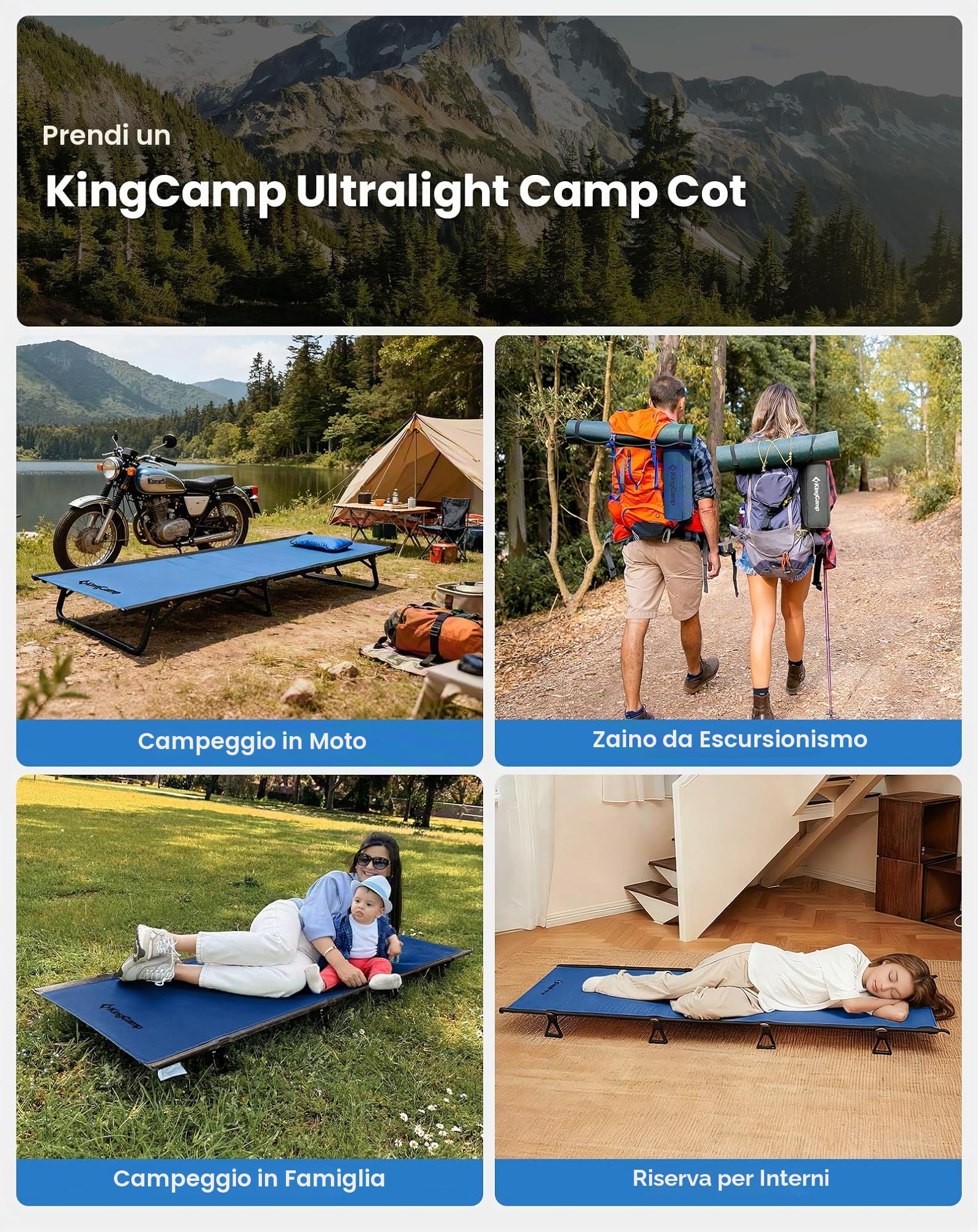 KingCamp Lettino da Campeggio Ultraleggero 2,2 kg, Compatto 36x13 cm Blu | Brandina Pieghevole 190x64 cm, Portata 120 kg per Camping, Moto, Trekking, Letto Ospiti, Festival e Giardino