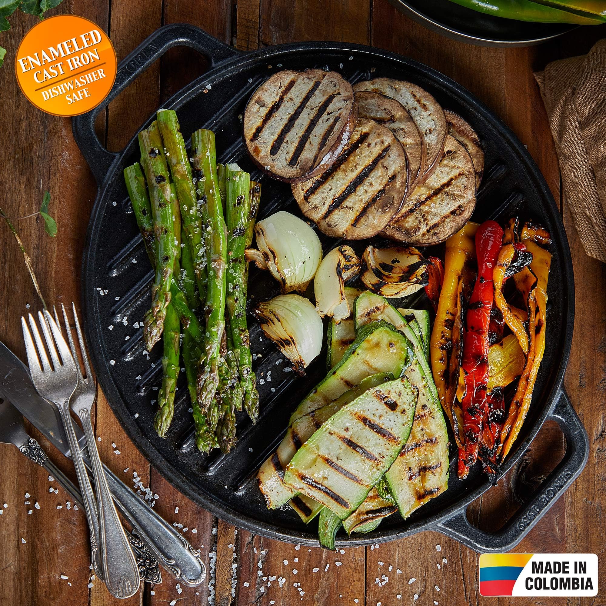 VICTORIA Grillplatte Emailliertes Gusseisen Grillpfanne 32cm Rund, Doppelseitig Verwendbar, für Feuer, Grill, Ofen, Vitrokeramik, Gas, Ohne Schadstoffe und PTFE