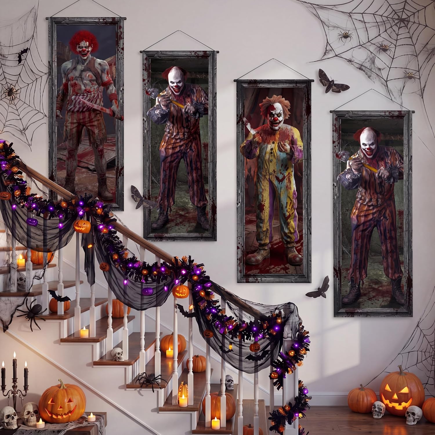 Unittype 4 Pack Halloween Porch Banners Outdoor Scary Zombie Decorations, Weatherproof 300d Oxford Cloth Haunted House Props, Scary Hanging Signs for Front Door Entryway Wall Party, 39.4x 5.7 Inch