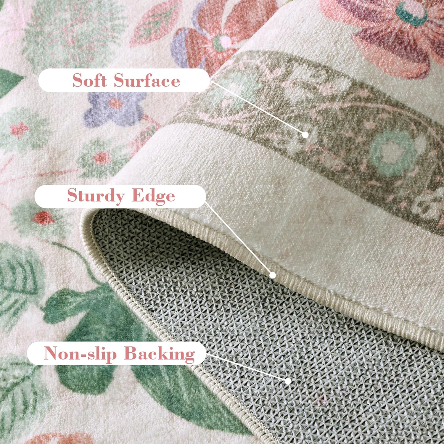 Deerly Floral Area Rugs 5x7 Vintage Boho Washable Non-Slip Living Room Carpet Soft Low Pile Thin Bedroom Floor Mat Indoor for Dining Room Playroom Nursery Farmhouse, Beige/Light Pink/Multi - Image 7